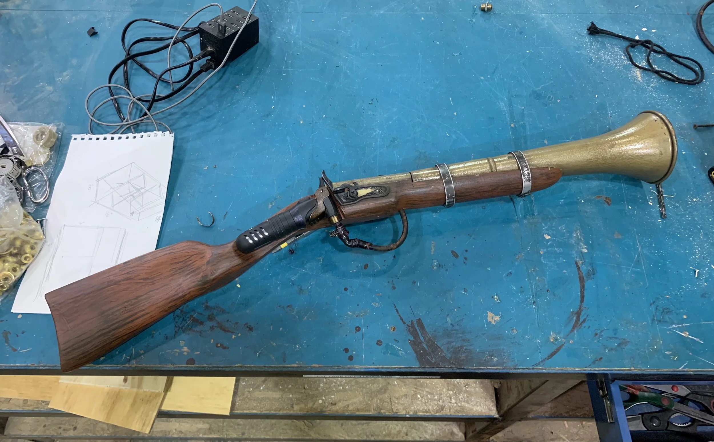 A blunderbuss made for a production of Beauty and the Beast (Olney Theater Center). It included a bike pump with compressed air that produced a puff of smoke (chalk dust) when the air was released. 