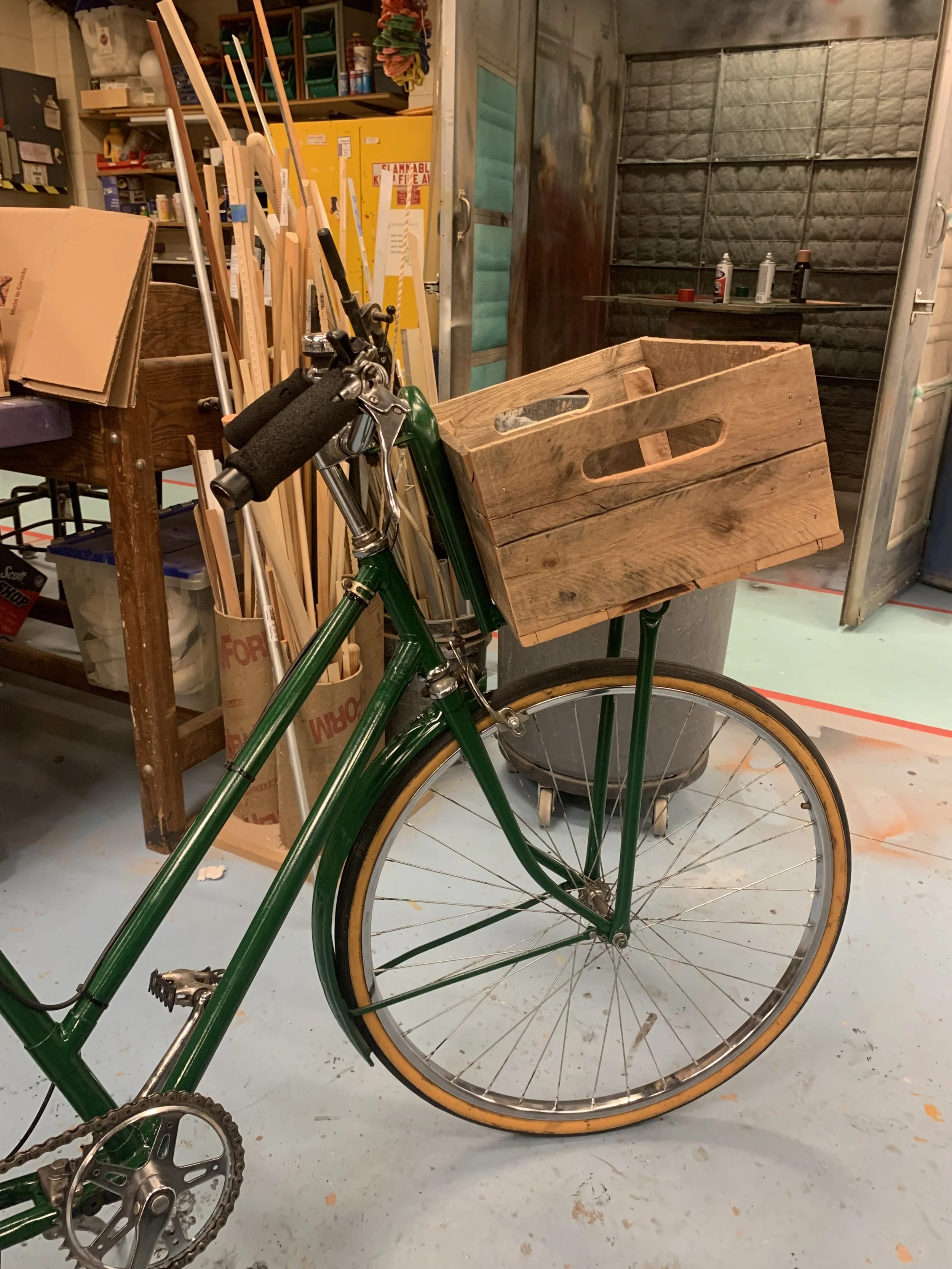 A custom cargo mount that converted a regular bike into a delivery bike for a production of She Loves Me (University of Maryland).
