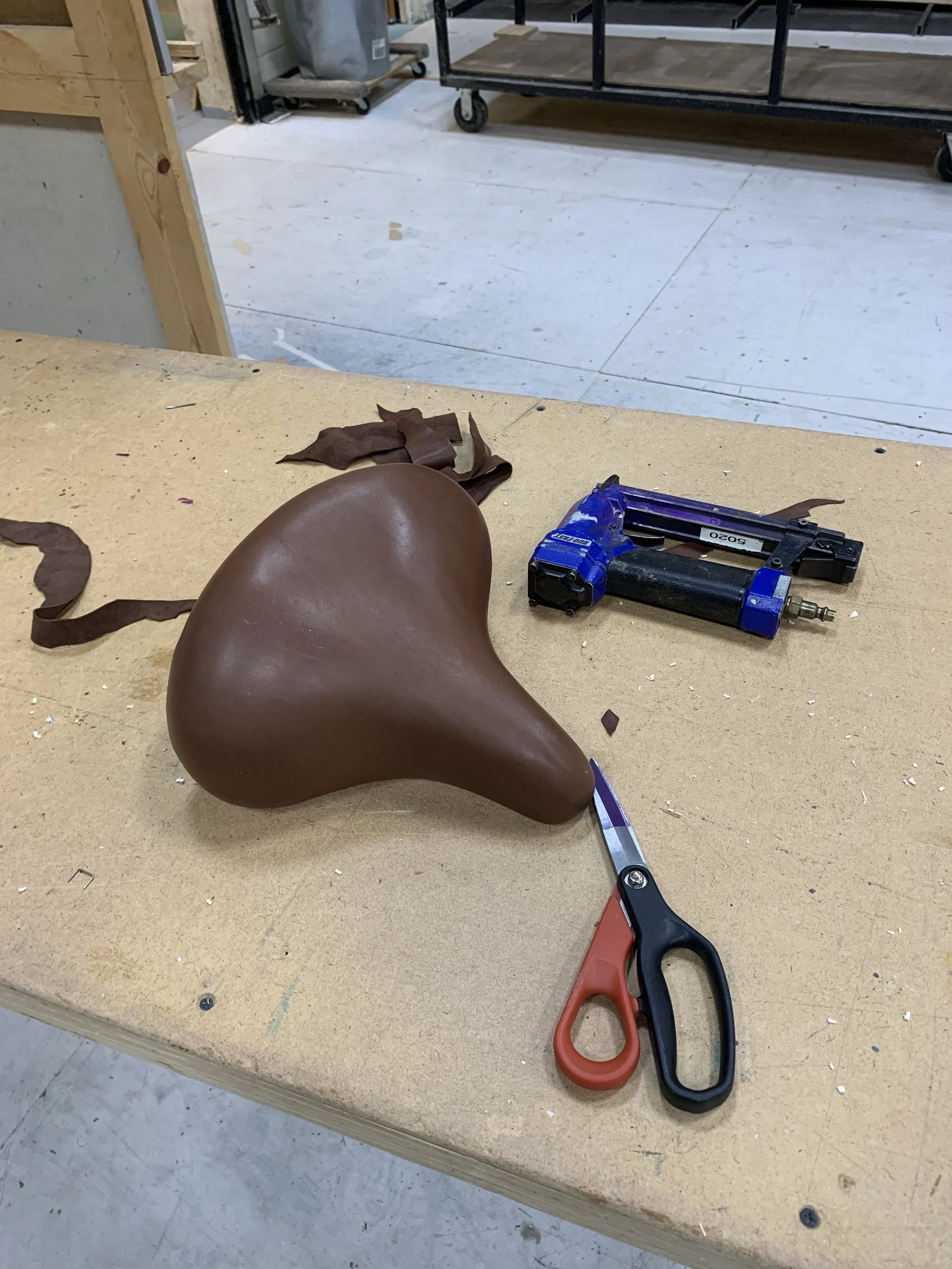A reupholstered bike seat used in a production of She Loves Me (University of Maryland)