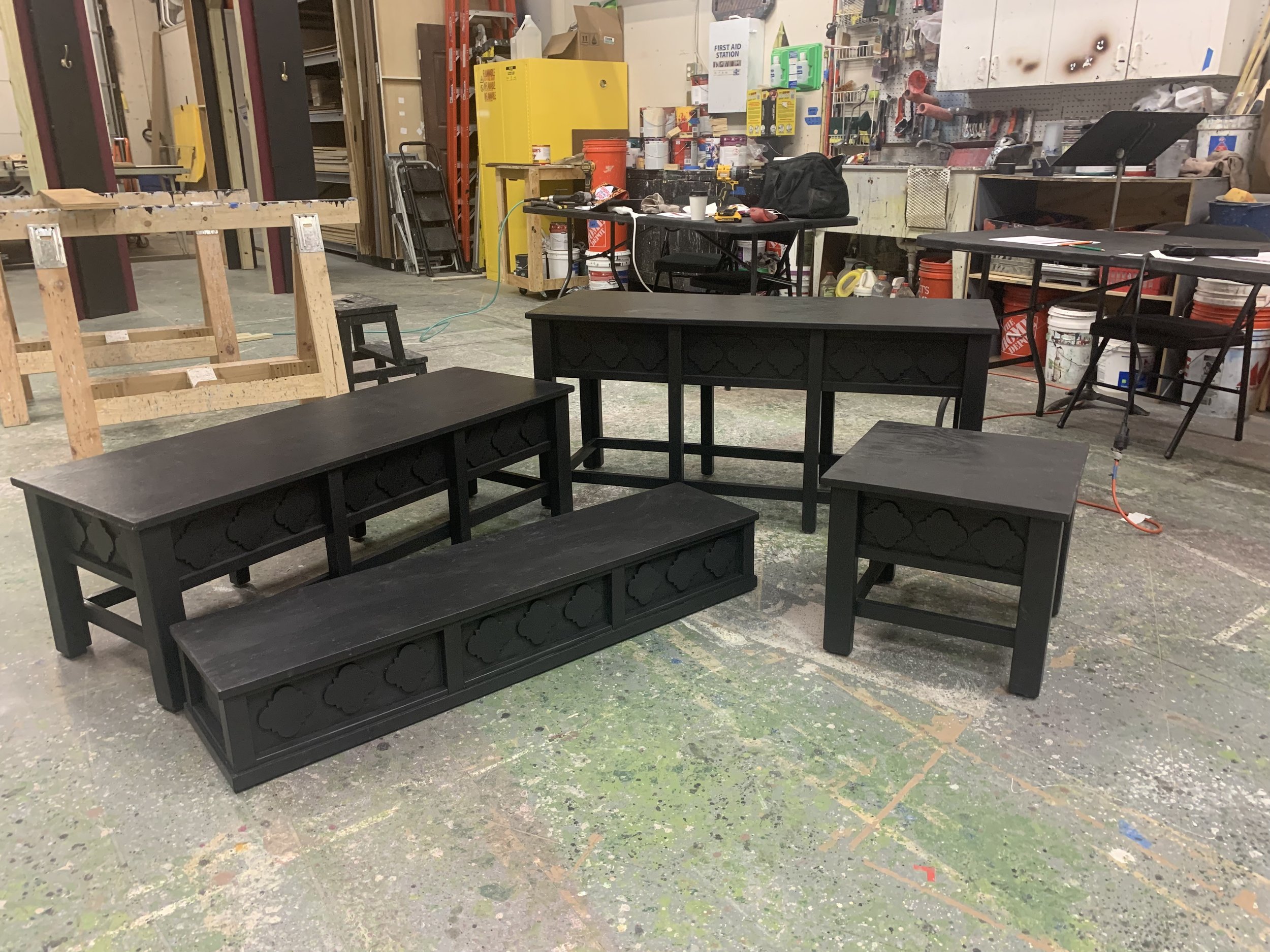 A set of wooden benches built for Dracula: A Comedy of Terrors (Constellation Theatre Company)