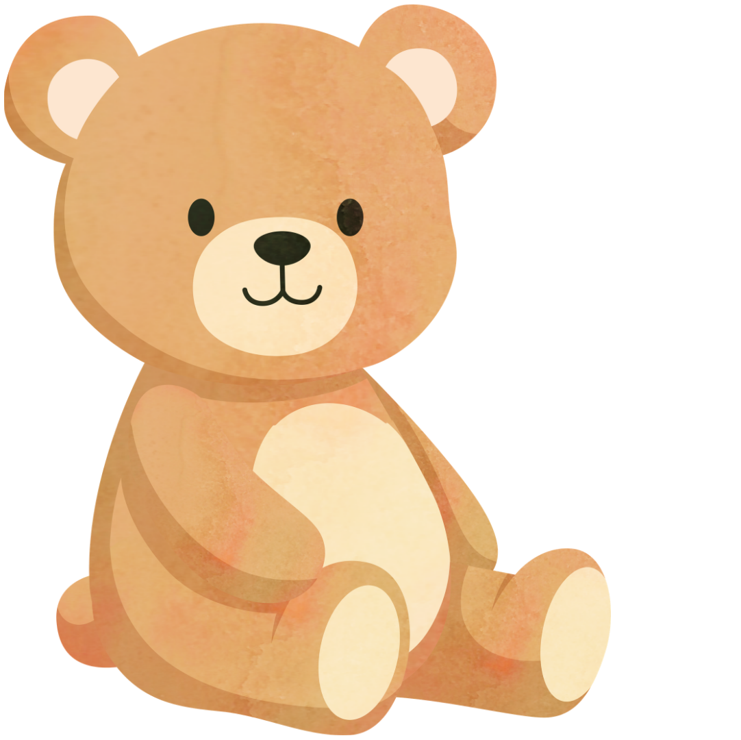 Cute cartoon illustration of a teddy bear with light brown fur, black eyes, a black nose, and a smiling mouth, sitting upright.