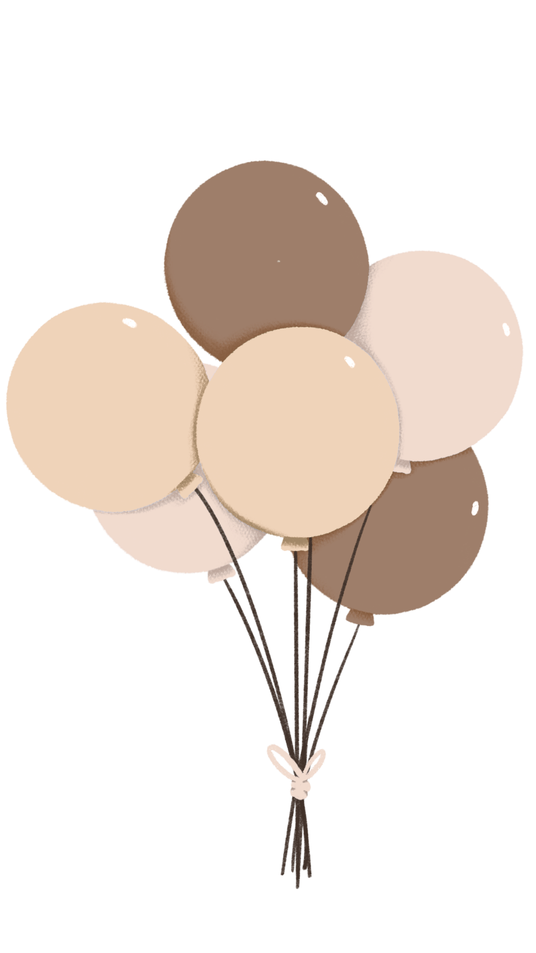 A bunch of balloons in shades of beige, cream, and brown tied together with black strings.