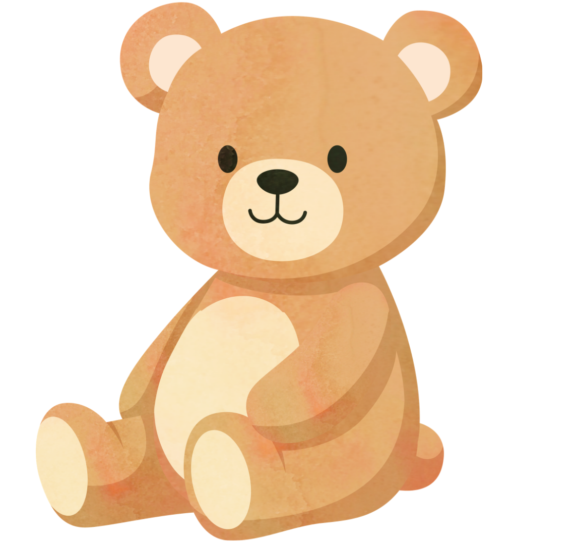 Adorable illustrated brown teddy bear with a white belly and face, sitting with a friendly expression and black eyes.