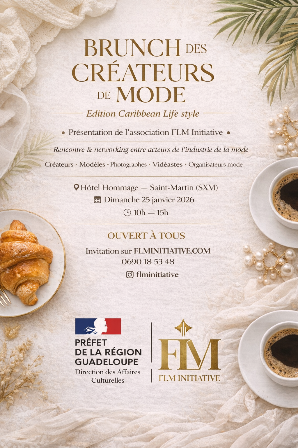 Invitation à un brunch de mode sur le thème de la vie caribéenne avec croissants, café, et décor élégants.