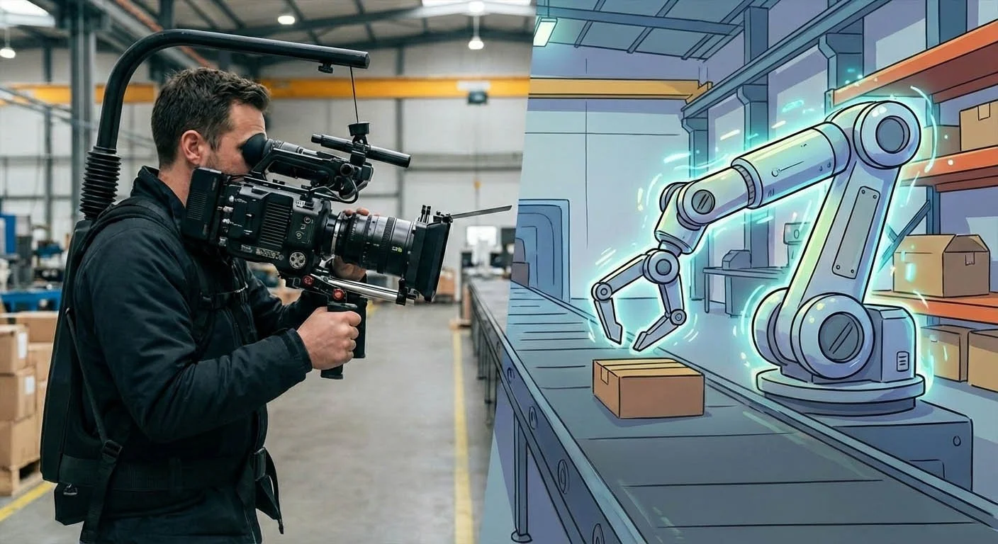 Photo-realistic cameraman with professional video camera standing next to colorful cartoon-style assembly line, showing blend of live-action and AI animation in video production