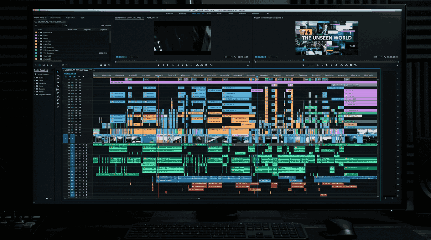 Corporate video editor reviewing footage on a professional editing timeline in a Chicago post-production suite
