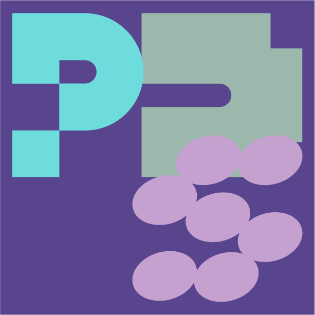Abstract graphic with letter 'P', a green shape, and purple ovals on purple background.