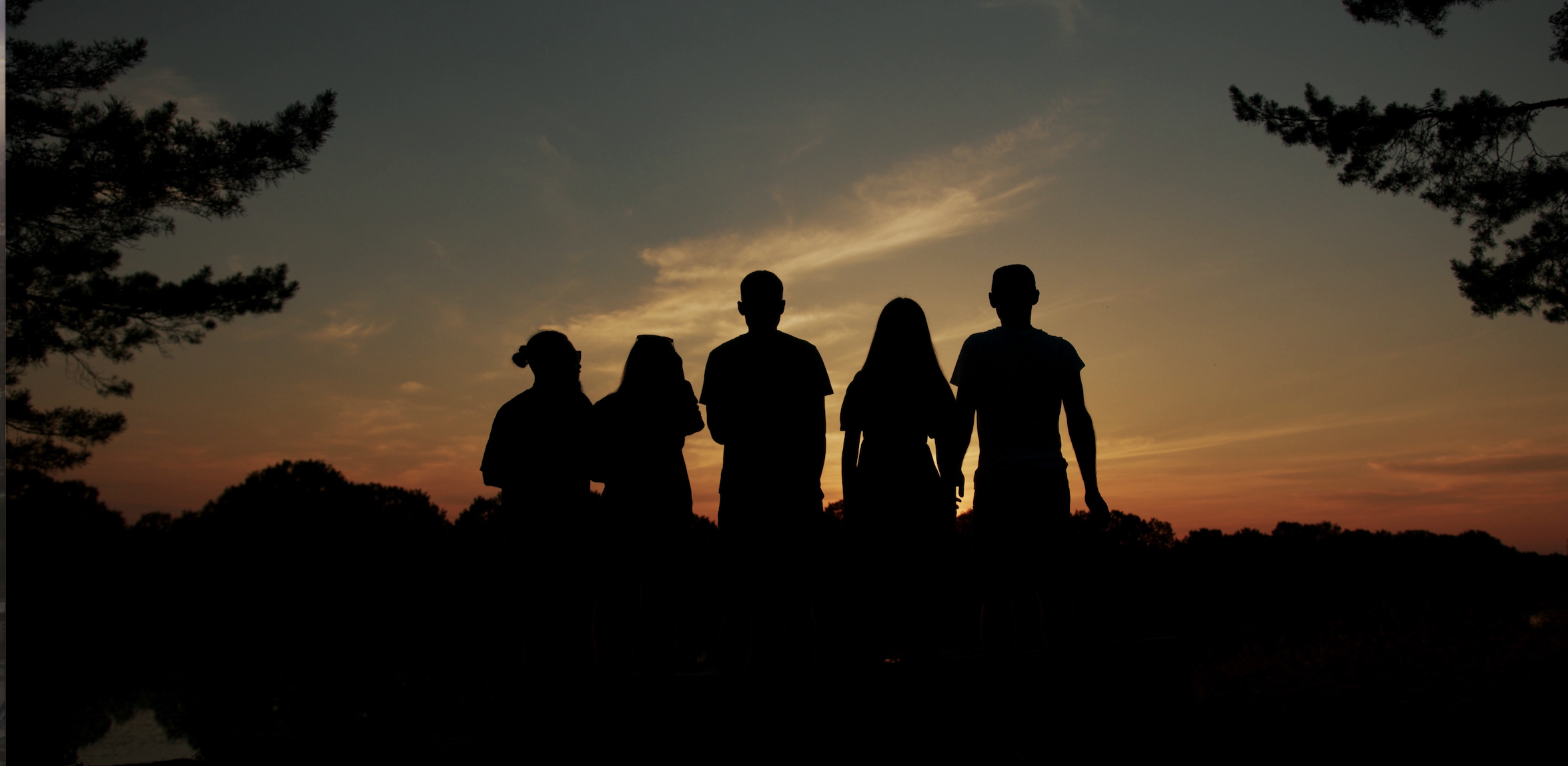 Silhouettes of five people standing outdoors during sunset, facing away from the camera, with trees and a colorful sky in the background.