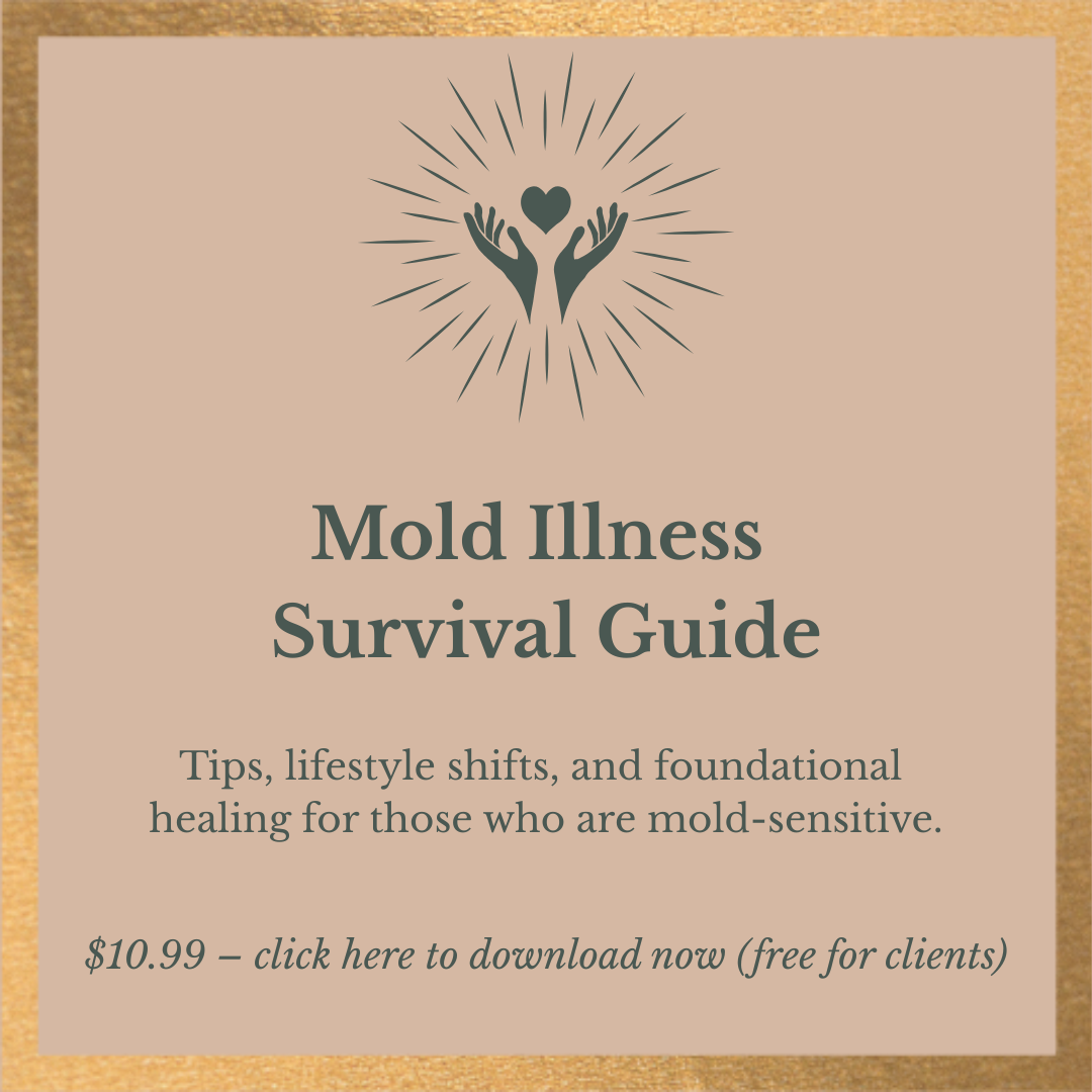 Cover of Mold Illness Survival Guide with a graphic of hands holding a heart, surrounded by radiating lines. Contains text offering tips, lifestyle changes, and healing advice for mold-sensitive individuals, with a price and download link.