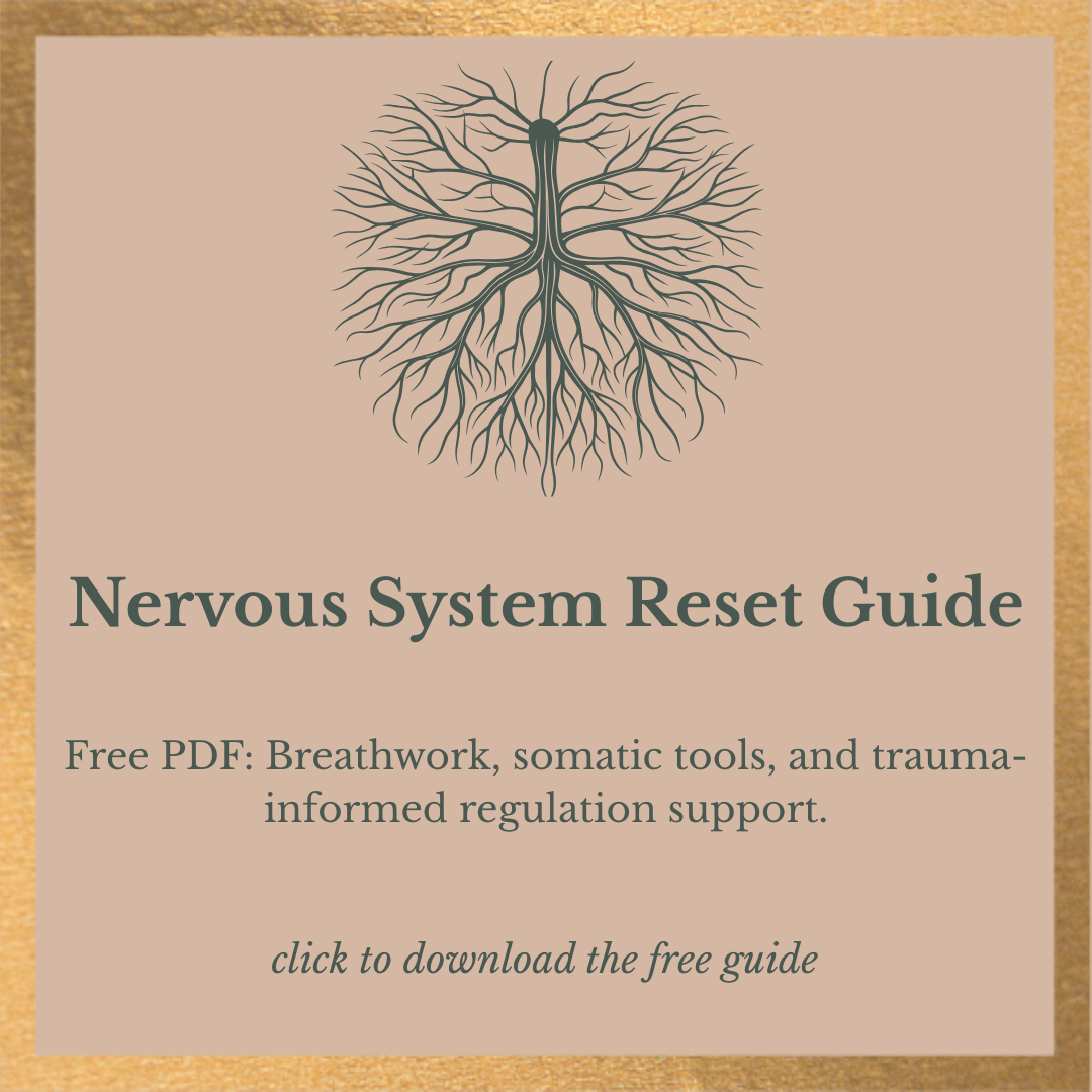 Nervous System Reset Guide cover with a diagram of a tree's nervous system and text about a free PDF download for trauma-informed regulation support.