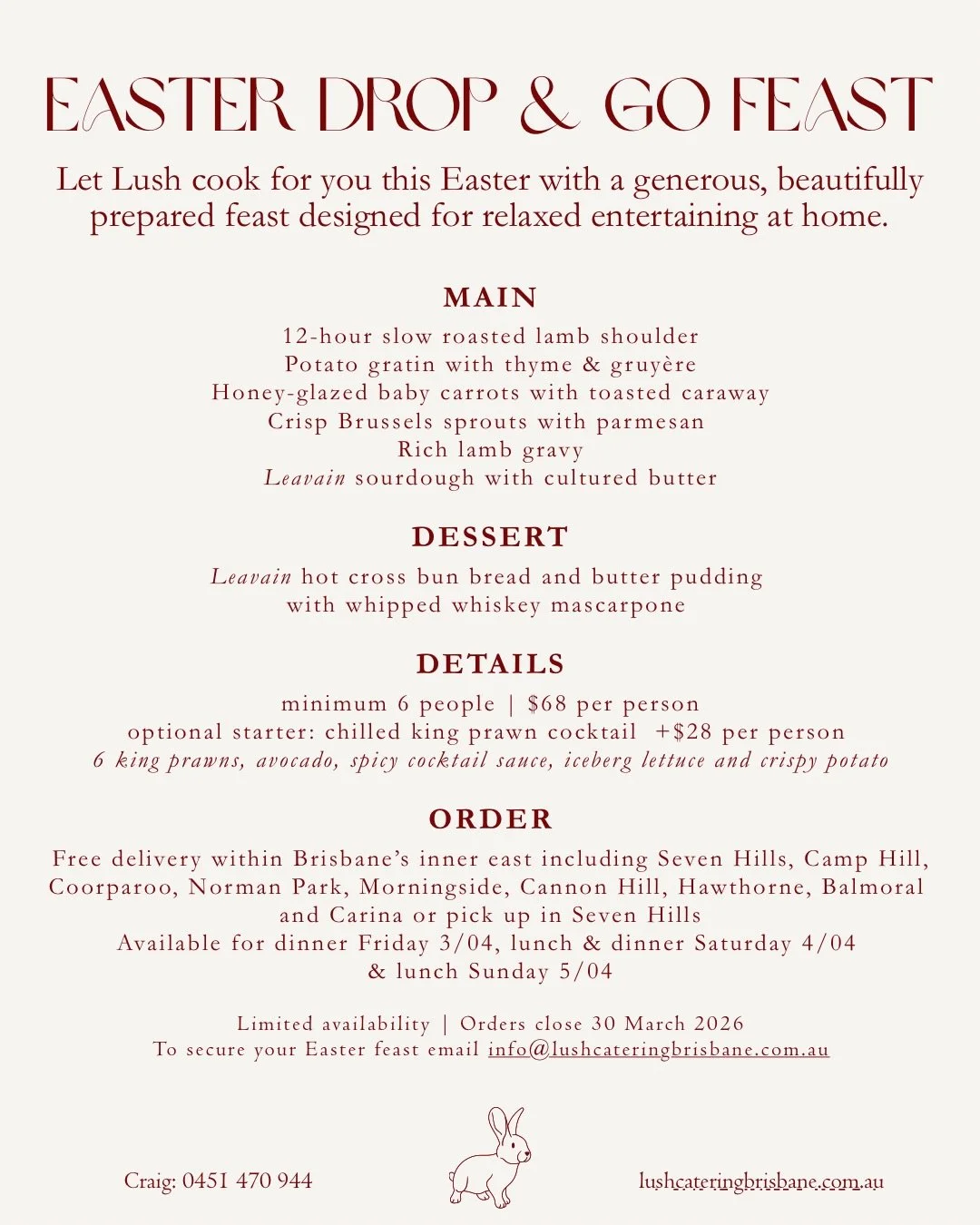 Our Easter Drop &amp; Go Feast is back for 2026 featuring 12-hour slow roasted lamb shoulder, potato gratin with thyme &amp; gruy&egrave;re, honey-glazed carrots and a warm hot cross bun bread &amp; butter pudding to finish 🐣 

Perfect for relaxed E