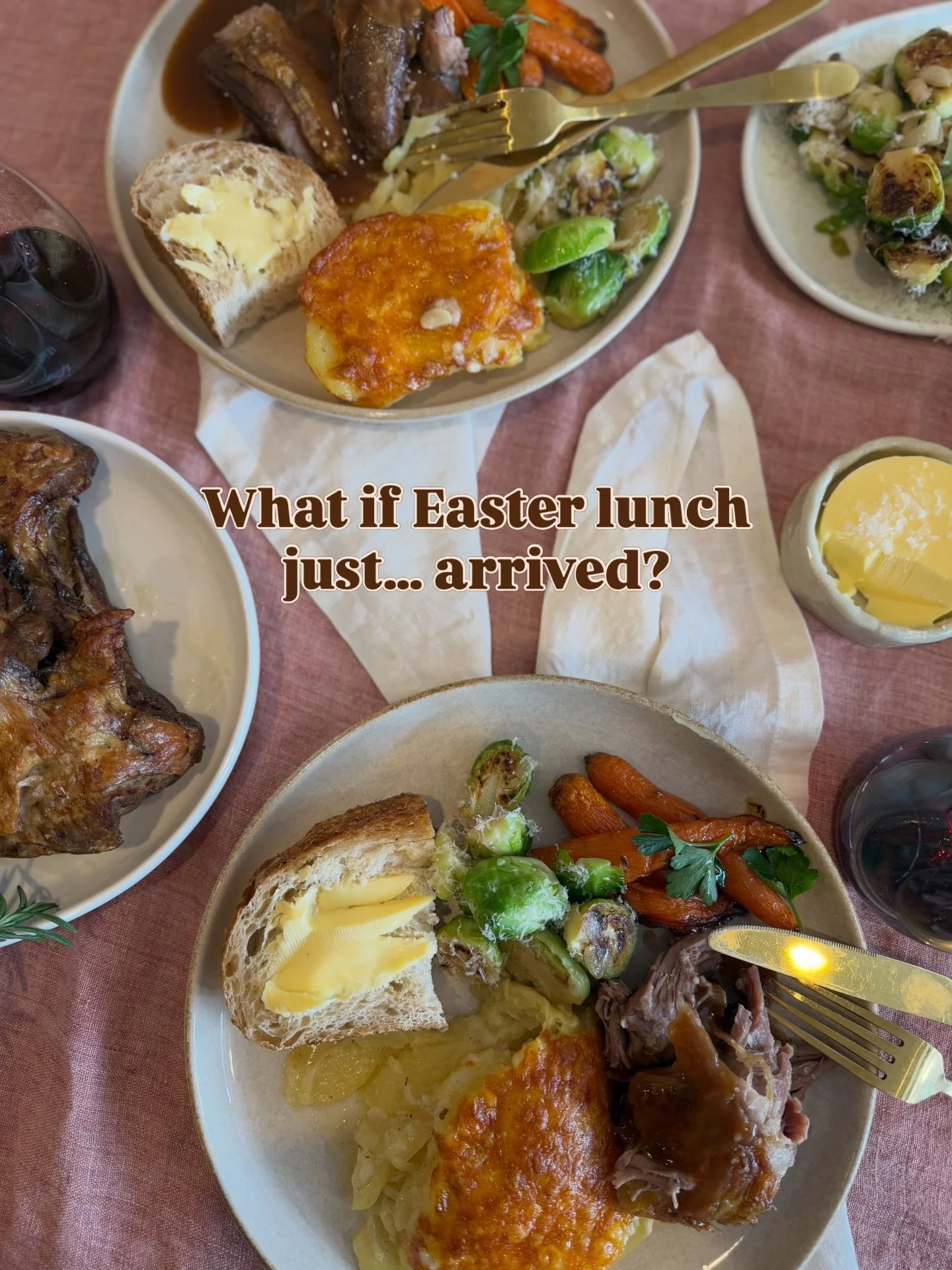 The easiest way to host Easter lunch this year.

Instead of spending hours cooking, imagine your Easter meal arriving ready to serve. Our Easter delivered feast includes slow roasted lamb, seasonal sides and a rich Easter dessert &mdash; prepared by 