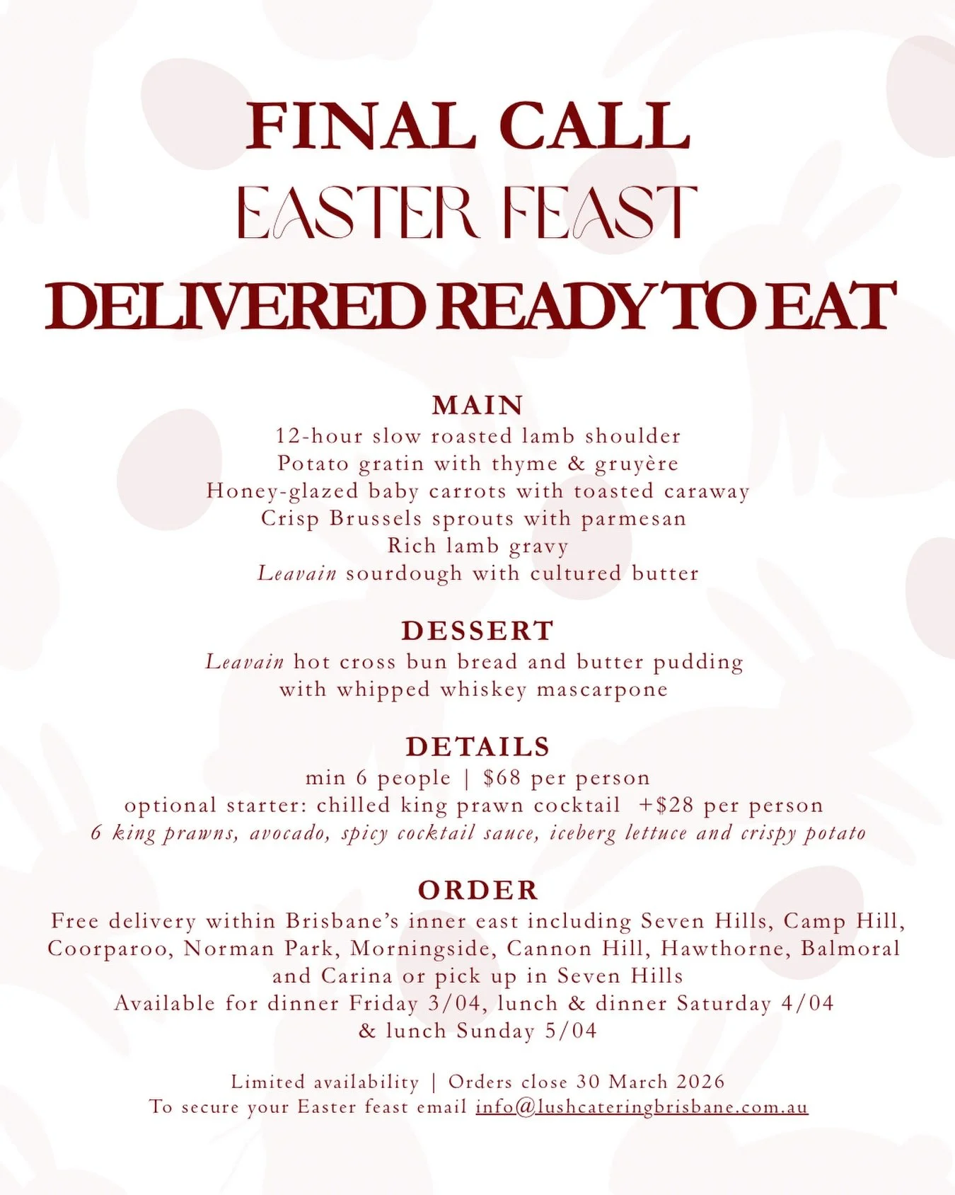 1 week until Easter 🐰🐣 Orders close on Monday 30th. Don&rsquo;t cook this Easter, spend time with your family 🤍🙌🏼 #brisbanecatering #brisbanefood