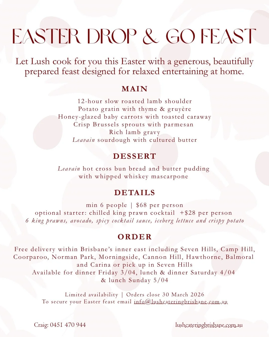 Delivered Easter Feast Catering - Final orders due Monday 30th 🐣 Limited time slots available. Entertain without the stress this year 🐰 #brisbaneeaster
