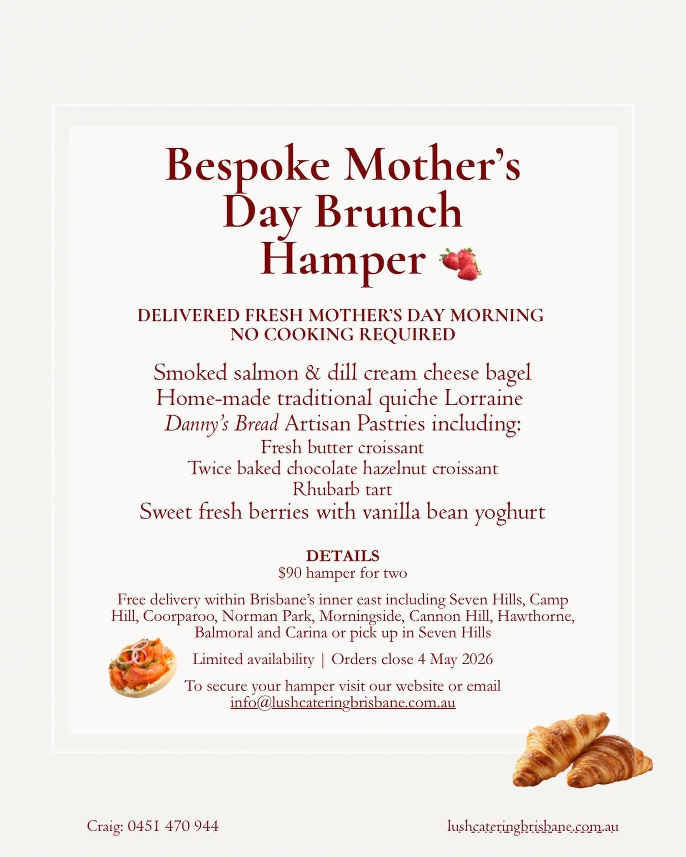 Make it a Mother&rsquo;s Day to remember 🫶🏼 Spend time on the important things, not lining up at loud overcrowded cafes and waiting for your food whilst wrestling the kids. 

Our Mother&rsquo;s Day hamper is freshly prepared, beautifully packed and