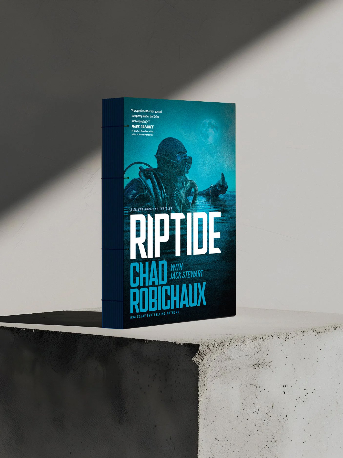 Book titled 'Riptide' by Chad Robichaux and Jack Stewart, cover features a soldier silhouette.