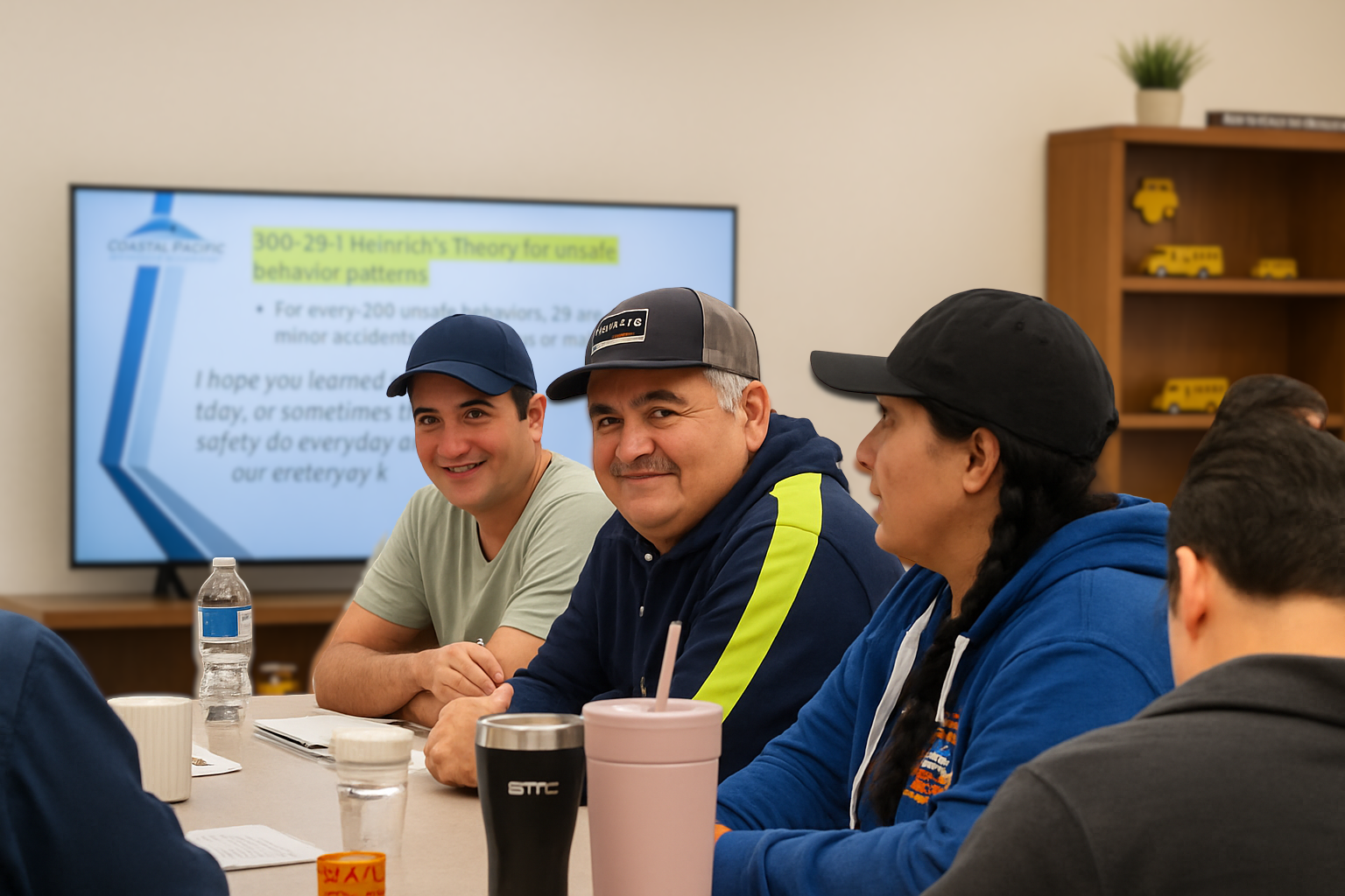 Group of people attending a meeting or training session, sitting at a table with beverages, in a room with a screen displaying a presentation on safety theory.