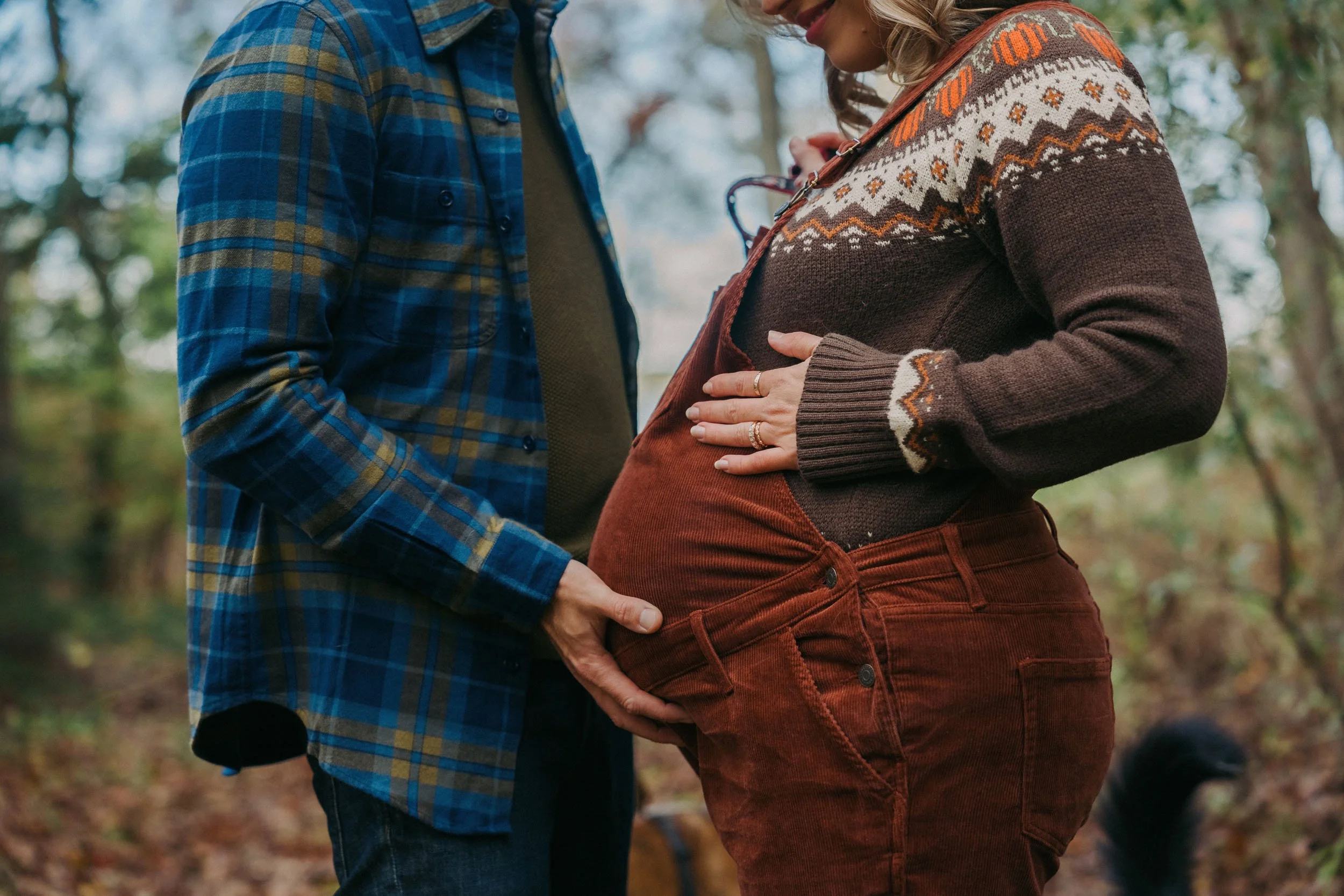 A couple in a forest, with the man holding the pregnant woman's belly gently as they look at each other, symbolizing a pregnancy.
