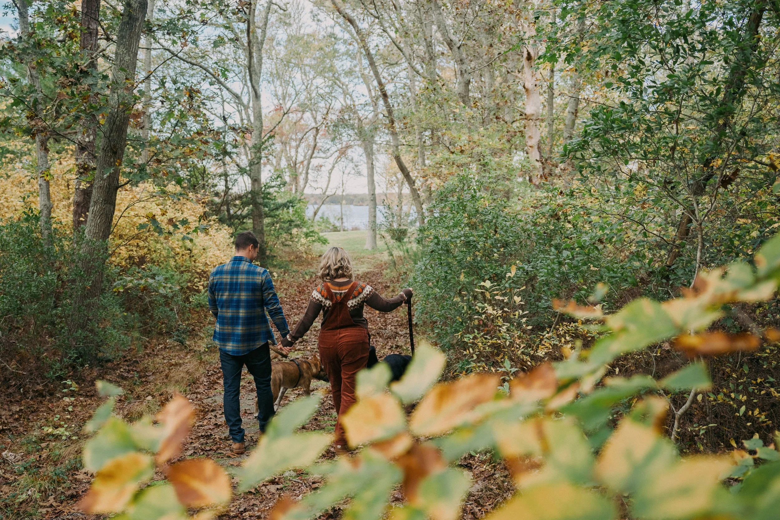 A couple walking hand in hand with a dog through a wooded trail in an autumn landscape, with trees, fallen leaves, and a body of water in the background.
