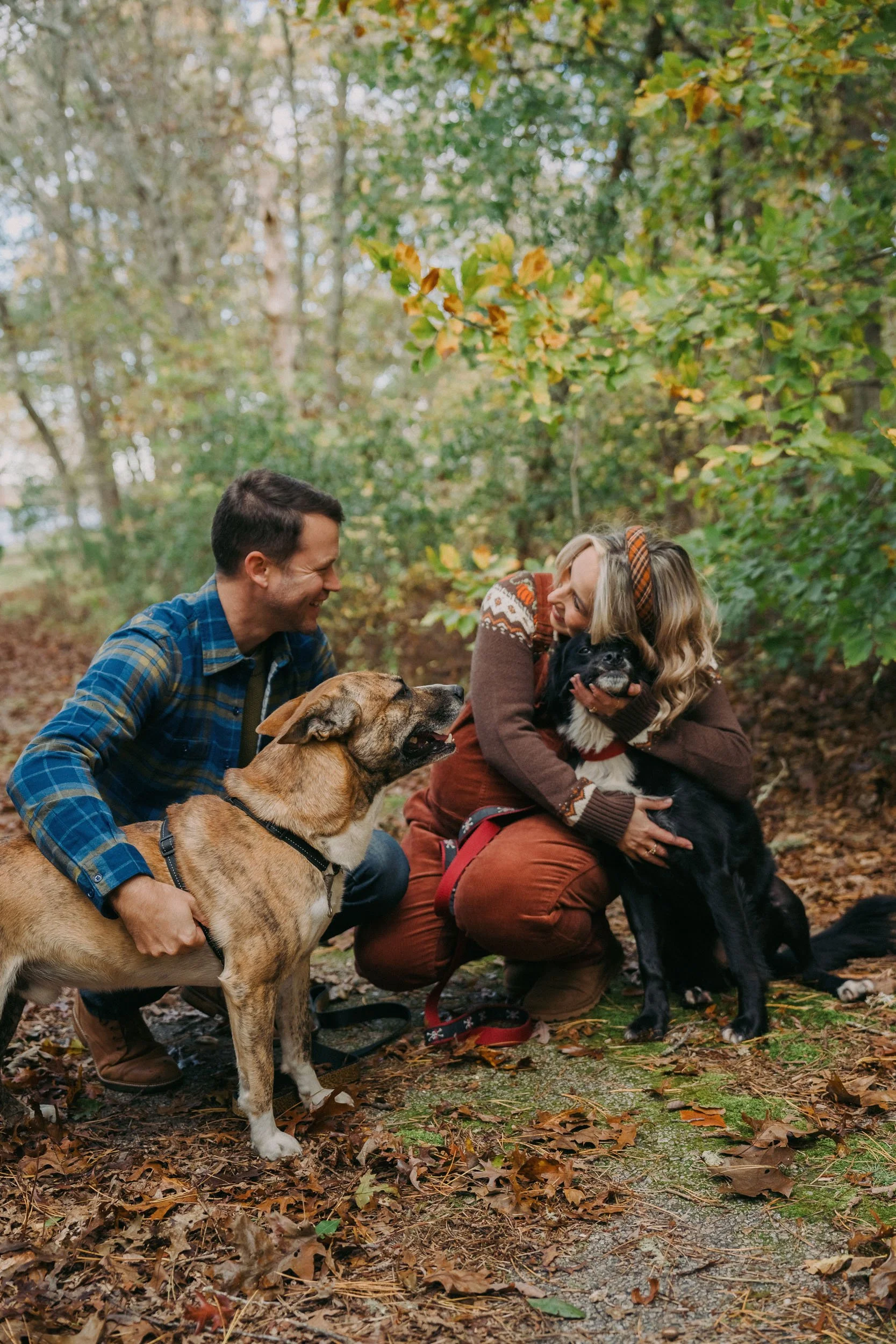 A man and woman smiling and cuddling two dogs in a wooded park during autumn, surrounded by fallen leaves.