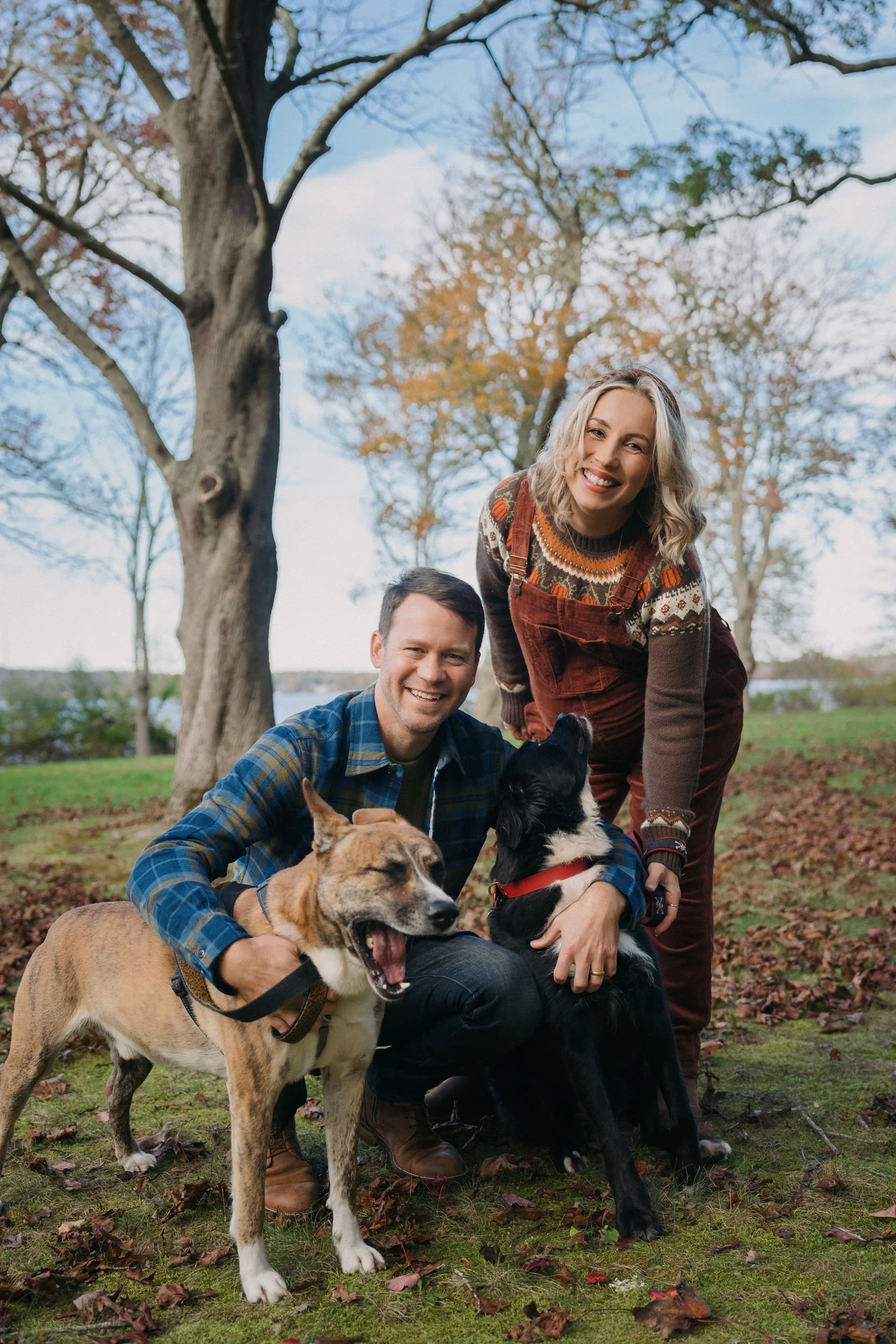 A happy couple with two dogs outdoors in a park with trees, grass, and fallen leaves during fall.