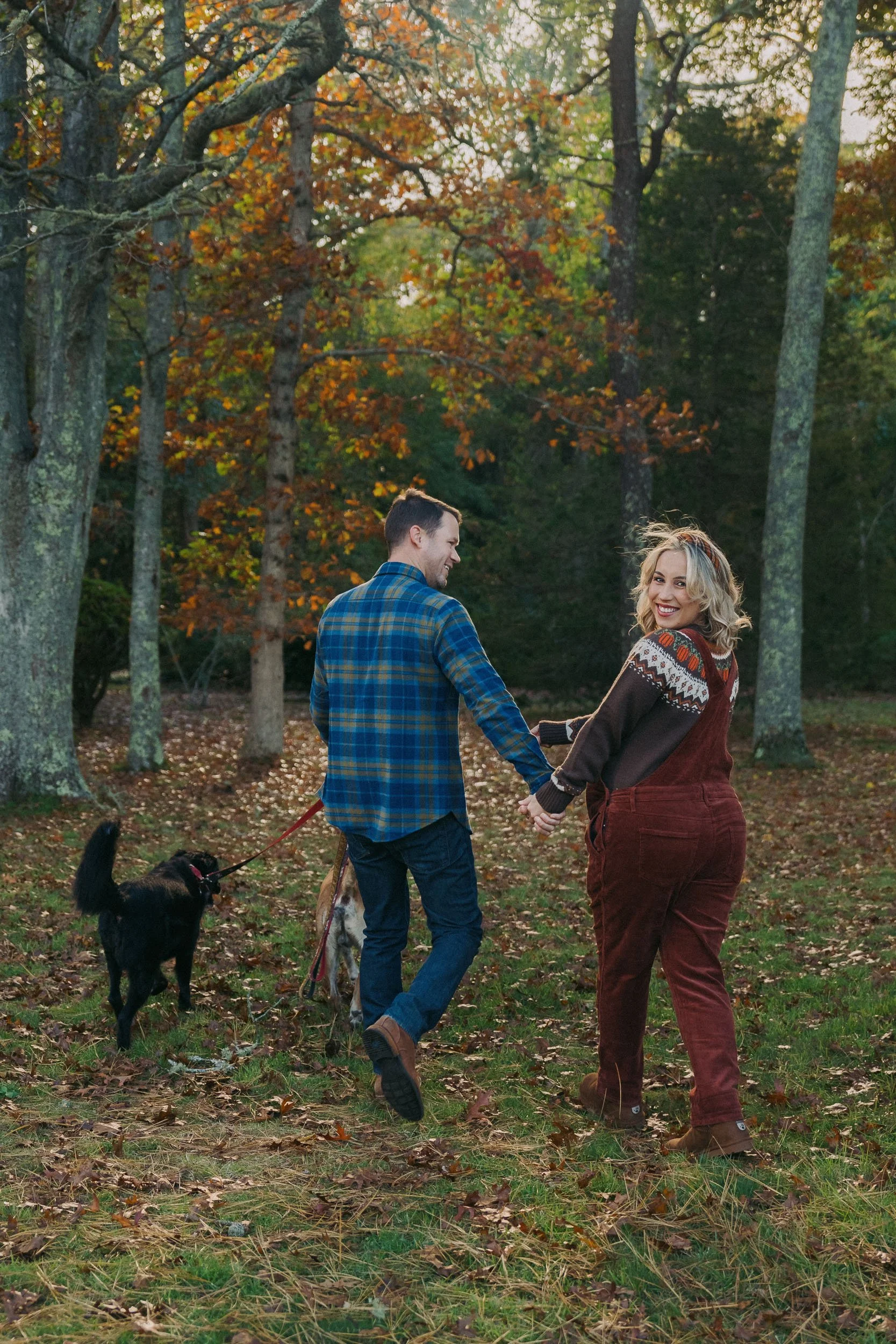 A couple walking hand in hand with their dogs through an autumn forest, smiling and enjoying the walk.