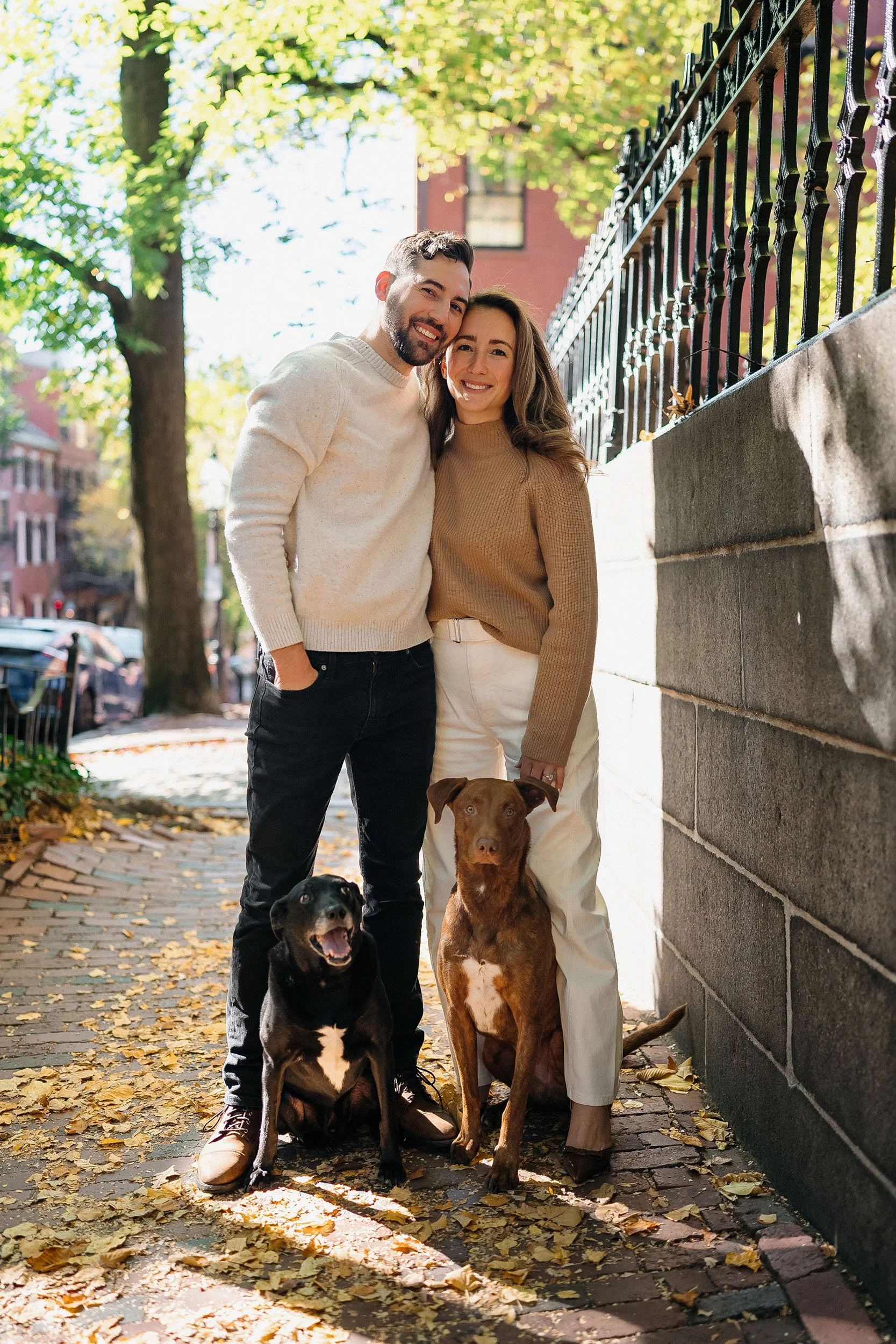 A smiling couple standing on a sidewalk with two rescue dogs during fall, with autumn leaves on the ground and sunlight filtering through trees.
