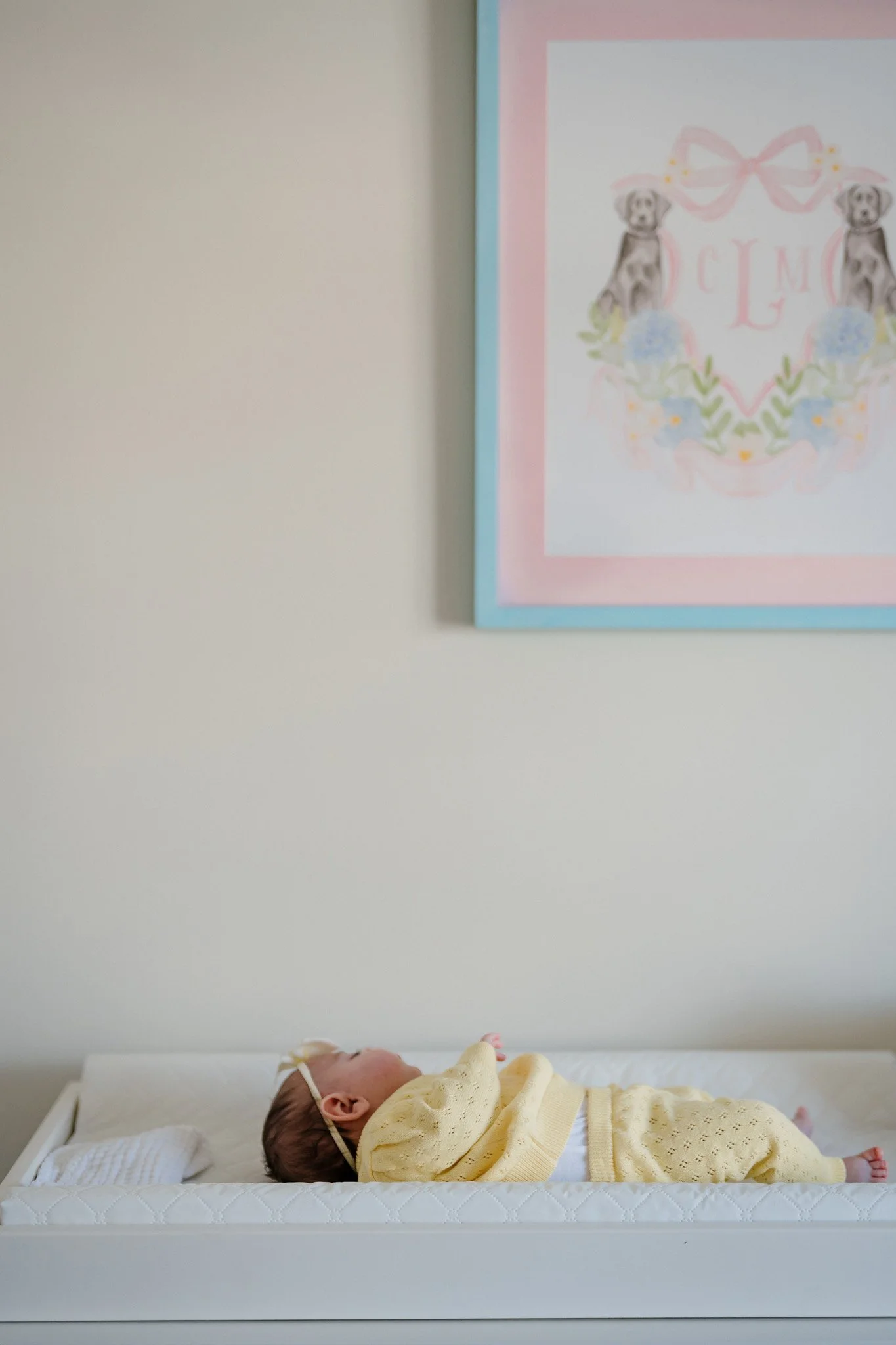 A newborn baby is sleeping on a white changing table, dressed in a yellow outfit. There is a framed pastel-colored artwork on the wall above, featuring two puppies, flowers, a bow, and the letters 'CLM'.