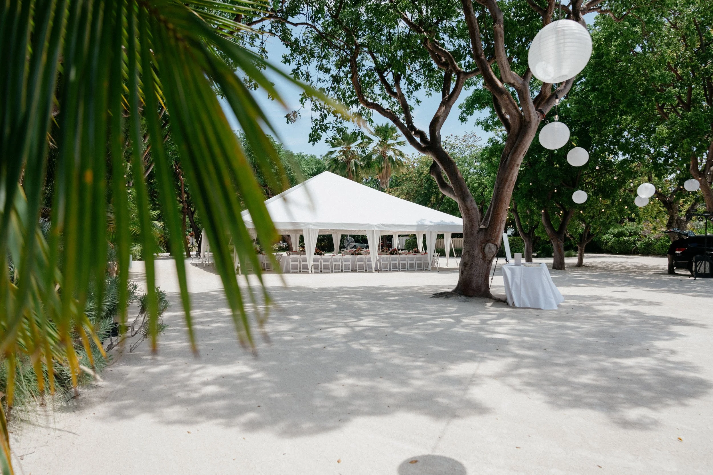A large white event tent set up outdoors among trees with hanging lanterns and a table nearby, on light-colored sandy ground.