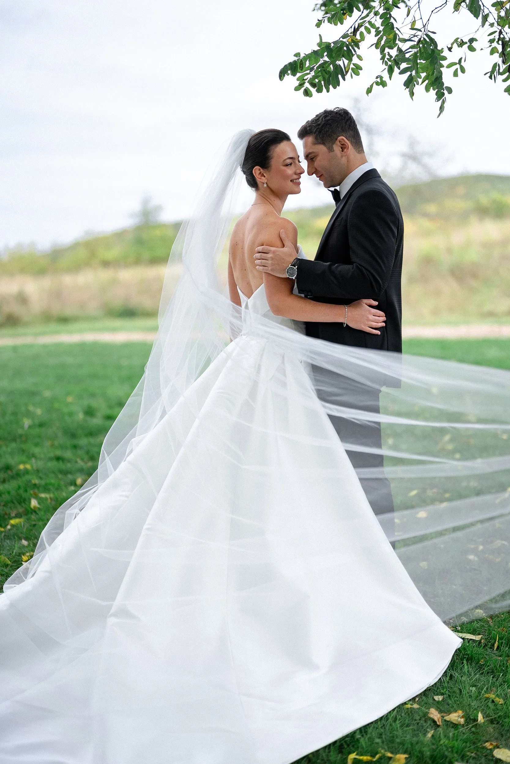A bride and groom embracing outdoors, she in a white wedding gown with a veil, he in a black tuxedo, under a tree with green leaves, with a landscape in the background.
