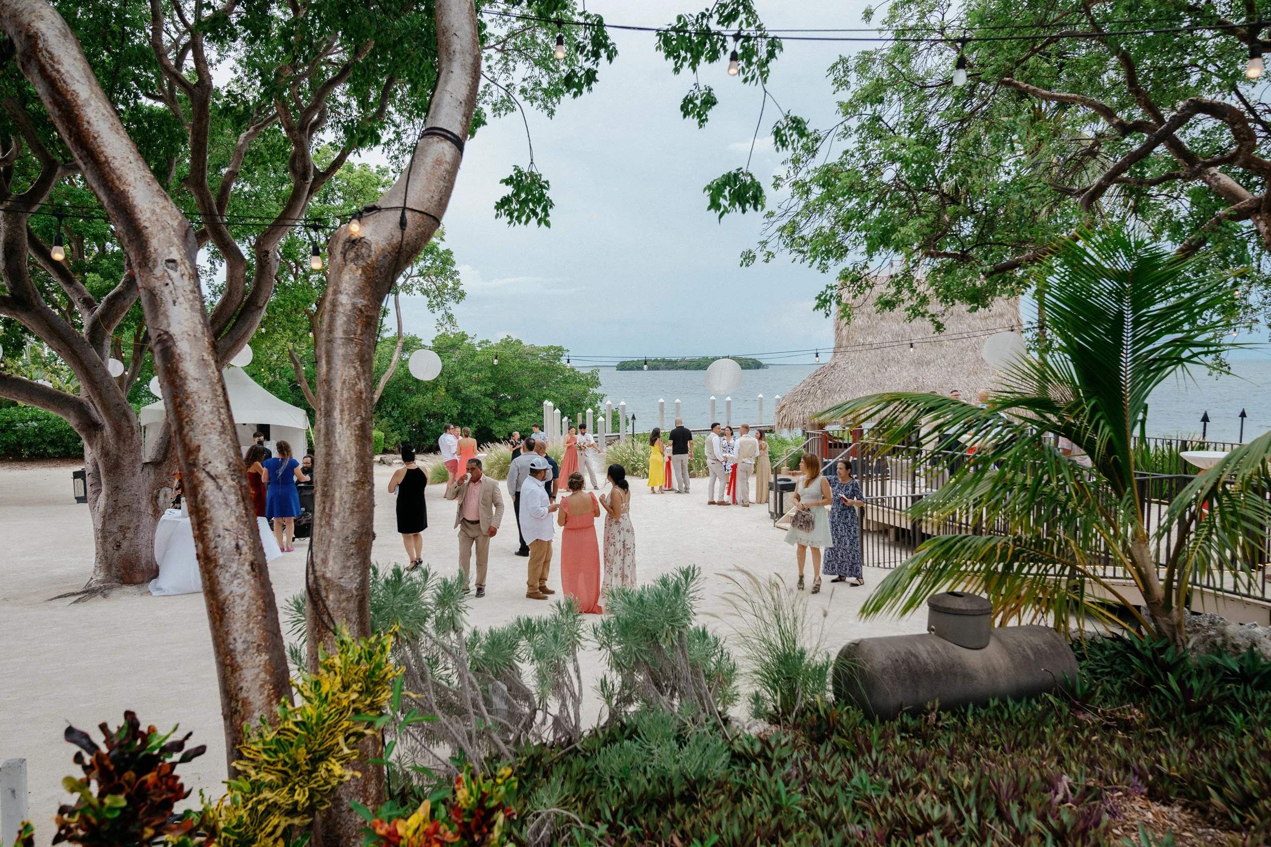 People gathered outdoors near a beach, with a thatched-roof structure, trees, and lanterns overhead during a celebration or wedding.