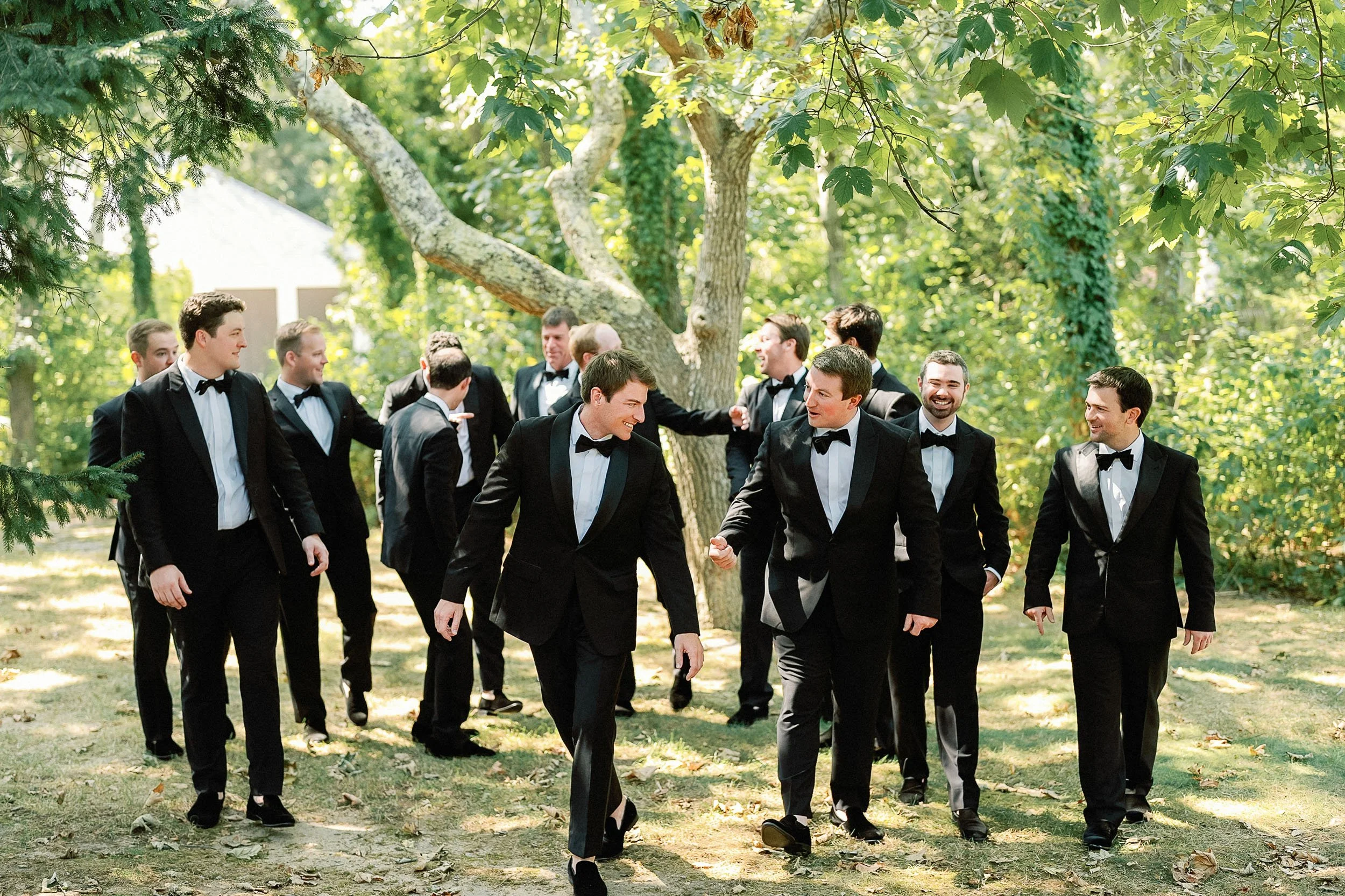 A group of men in tuxedos walking and talking outdoors under a leafy tree