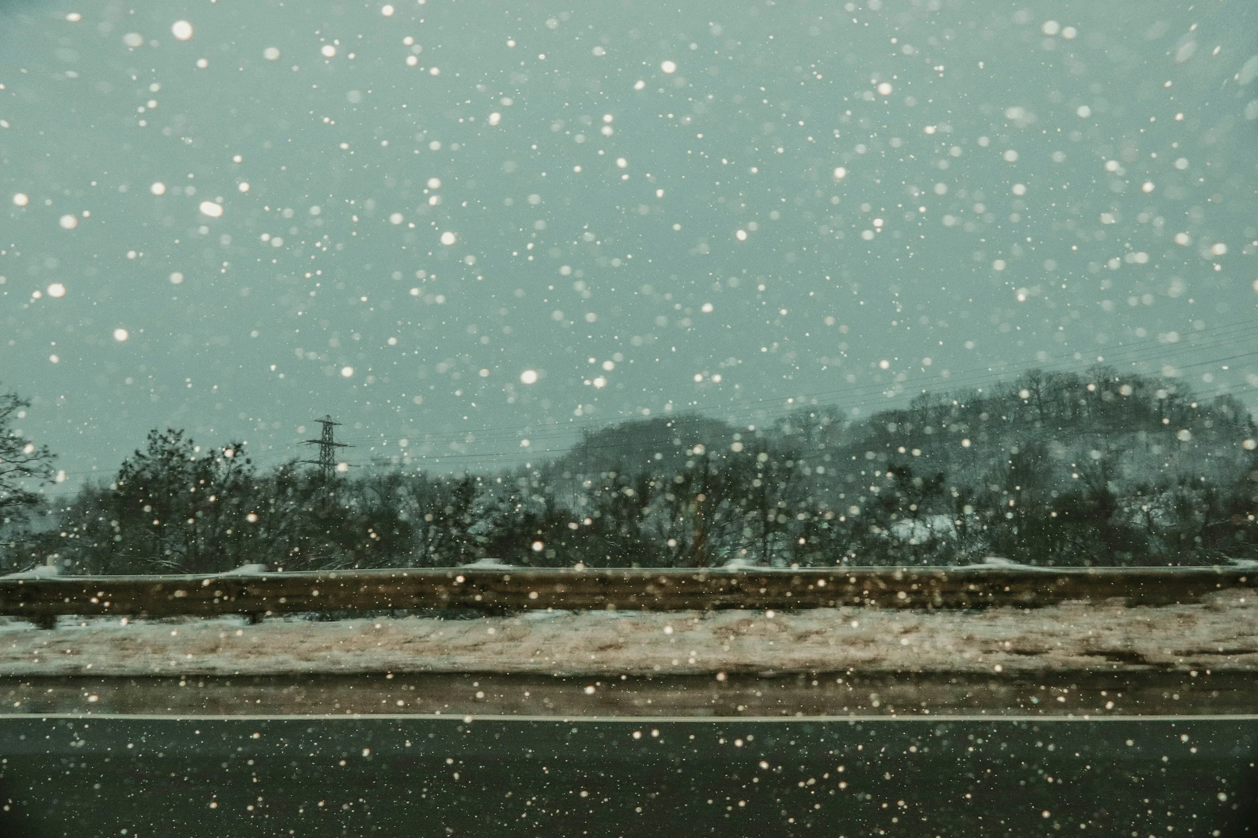 Image of winter snowfall at dusk with deep green pine trees and golden hills in the backdrop