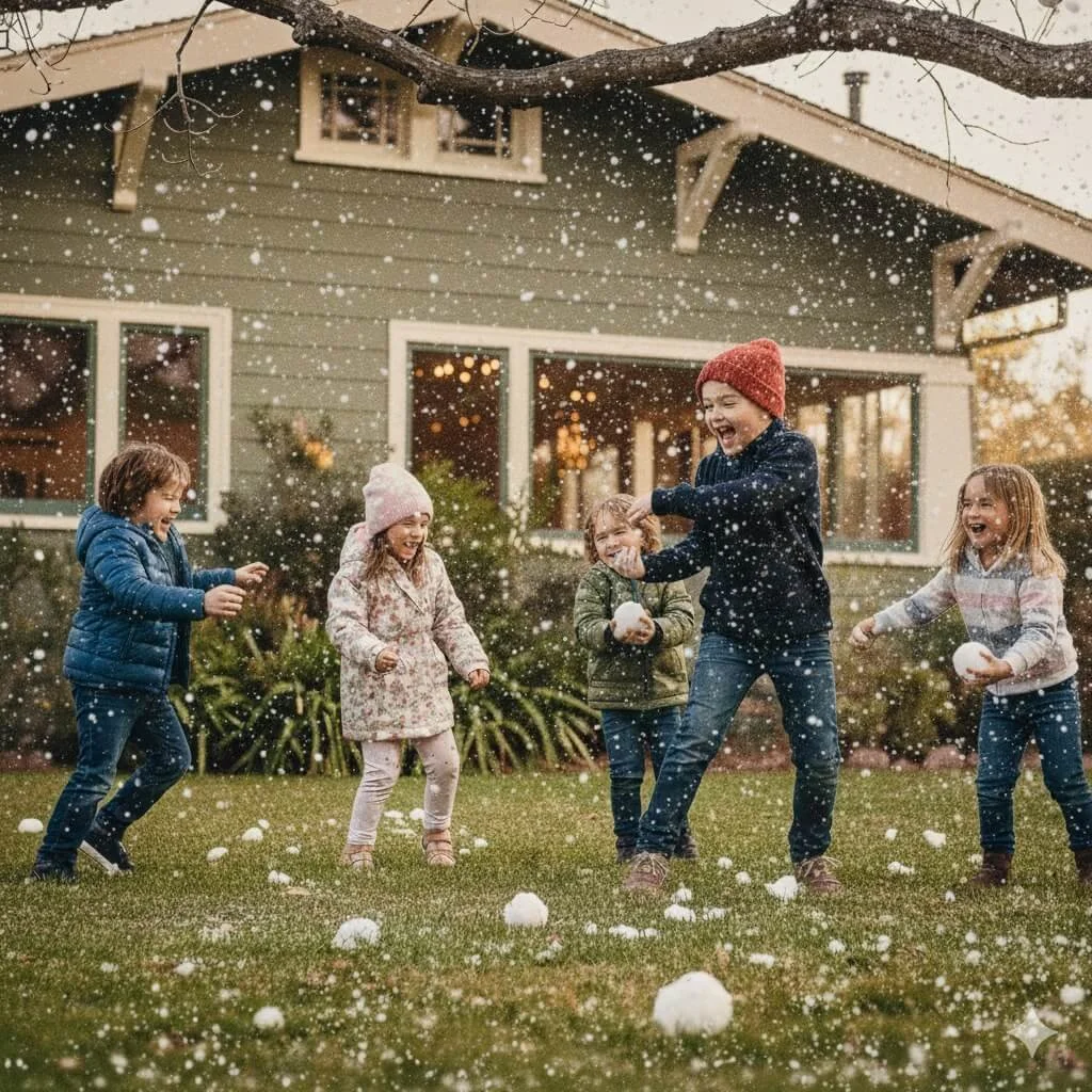 Children laugh and play in a backyard as artificial snowfall comes down around them. Fluffy white snowballs are scattered across the grass as the kids enjoy a lighthearted snowball fight.