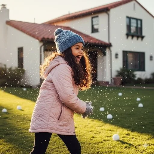 Long haired girl, wearing a beanie and a pink coat, laughs and throws a play snowball during her artificial snow party located in her front yard.