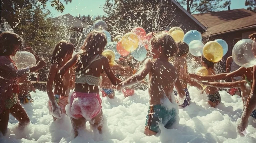 A group of children enjoying an outdoor foam party with bubbles and colorful balloons in a nostalgic, retro-inspired summer setting.  Professional foam party entertainment by Main Street Foam Party in San Jose, CA.