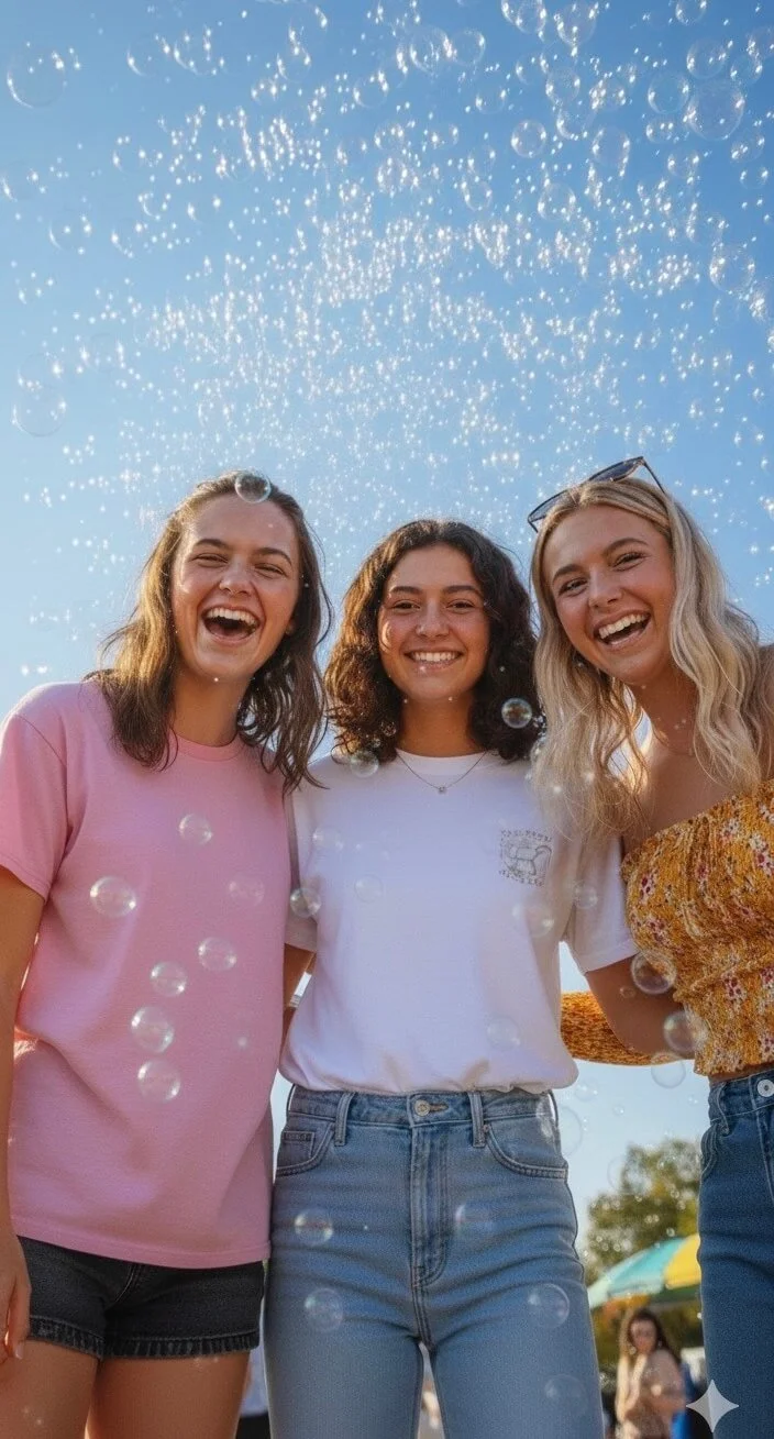 A low-angle shot of three joyful guests embracing while thousands of bubbles float down around them against a bright blue sky, adding to the festive atmosphere.