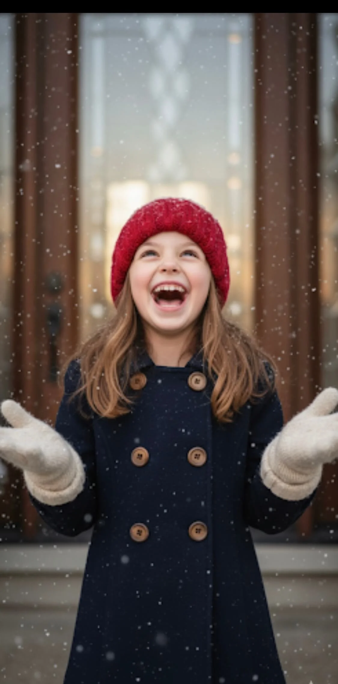Young girl smiling with delight and catching realistic synthetic snow at a San Jose event