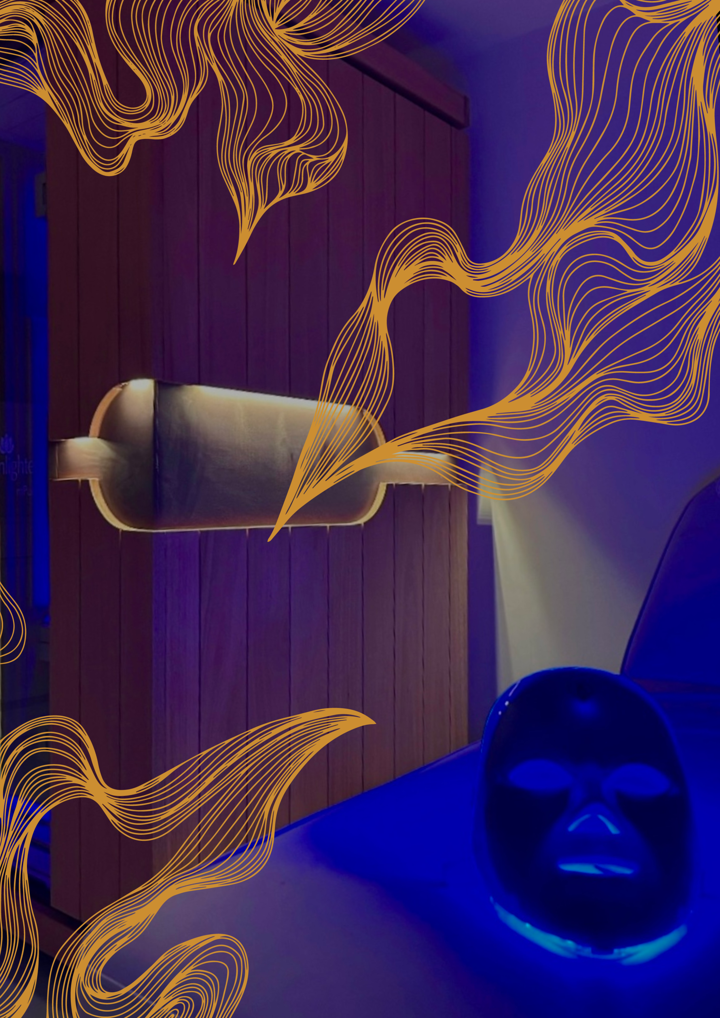A room with wood-paneled walls, blue and purple lighting, and an Infrared Laser Mask ready to use.