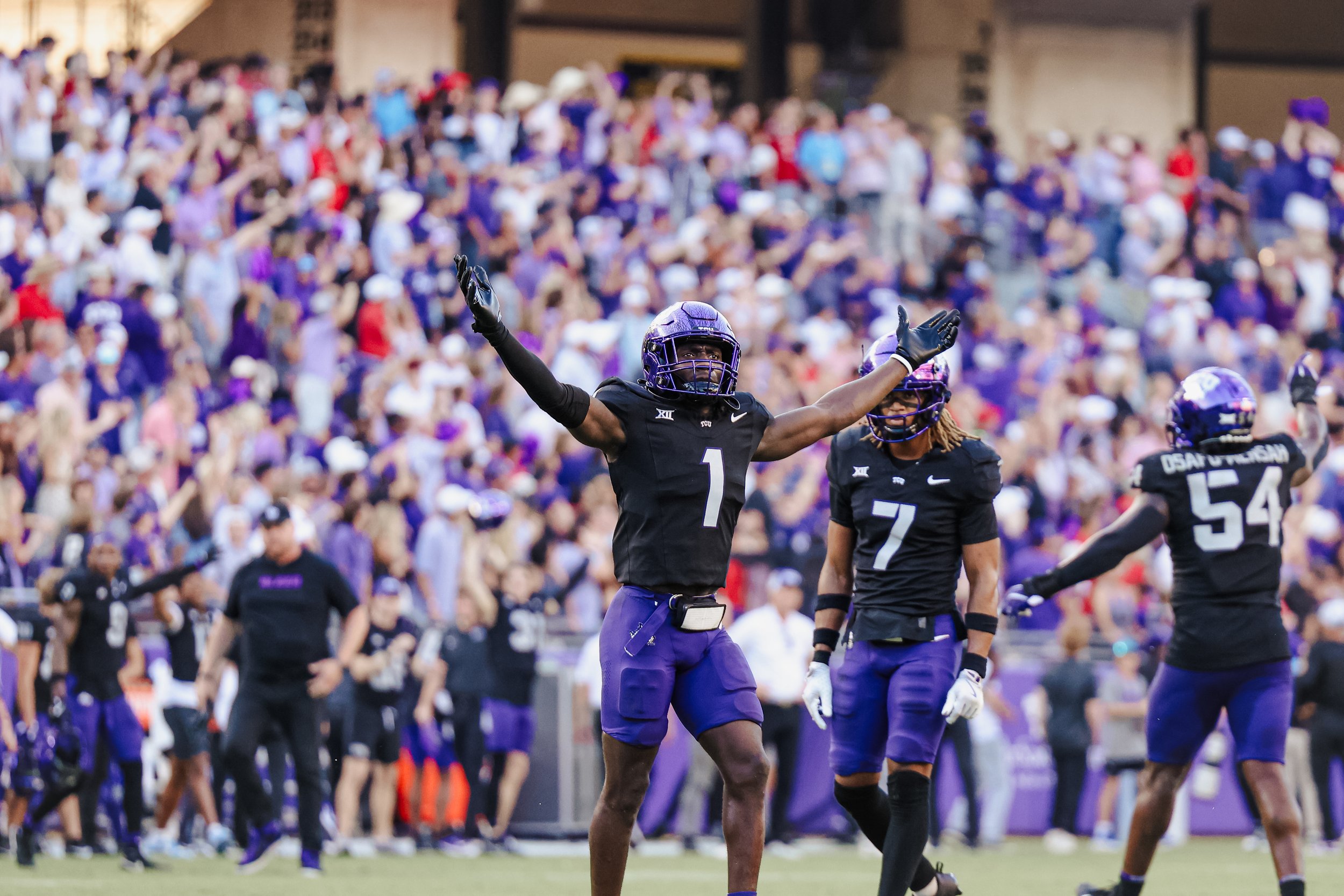 Football players celebrating during a game, with a crowd of fans in purple in the background.