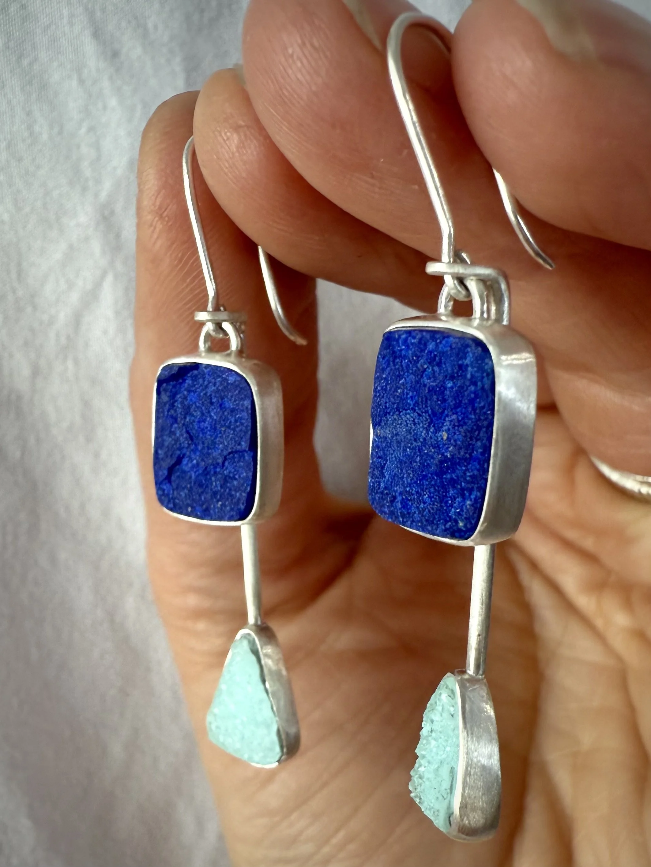 Rough Lapis and Druzy Chrysocolla Two-in-One Earrings