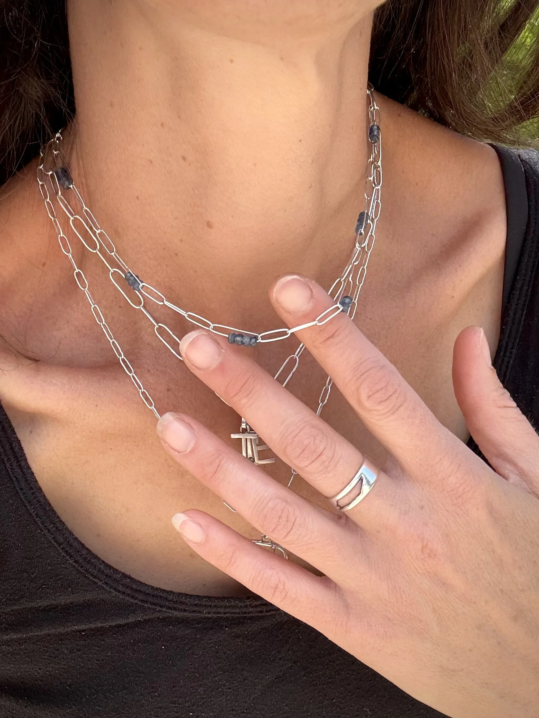 Stack of handmade sterling silver chain necklaces — 16", 18", 20" in length