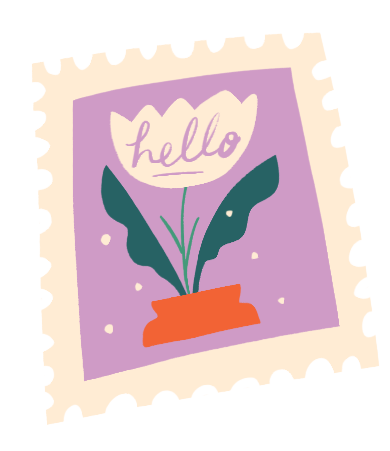 A postage stamp with a purple background featuring a flower in a pot, with the word "hello" inside the flower.