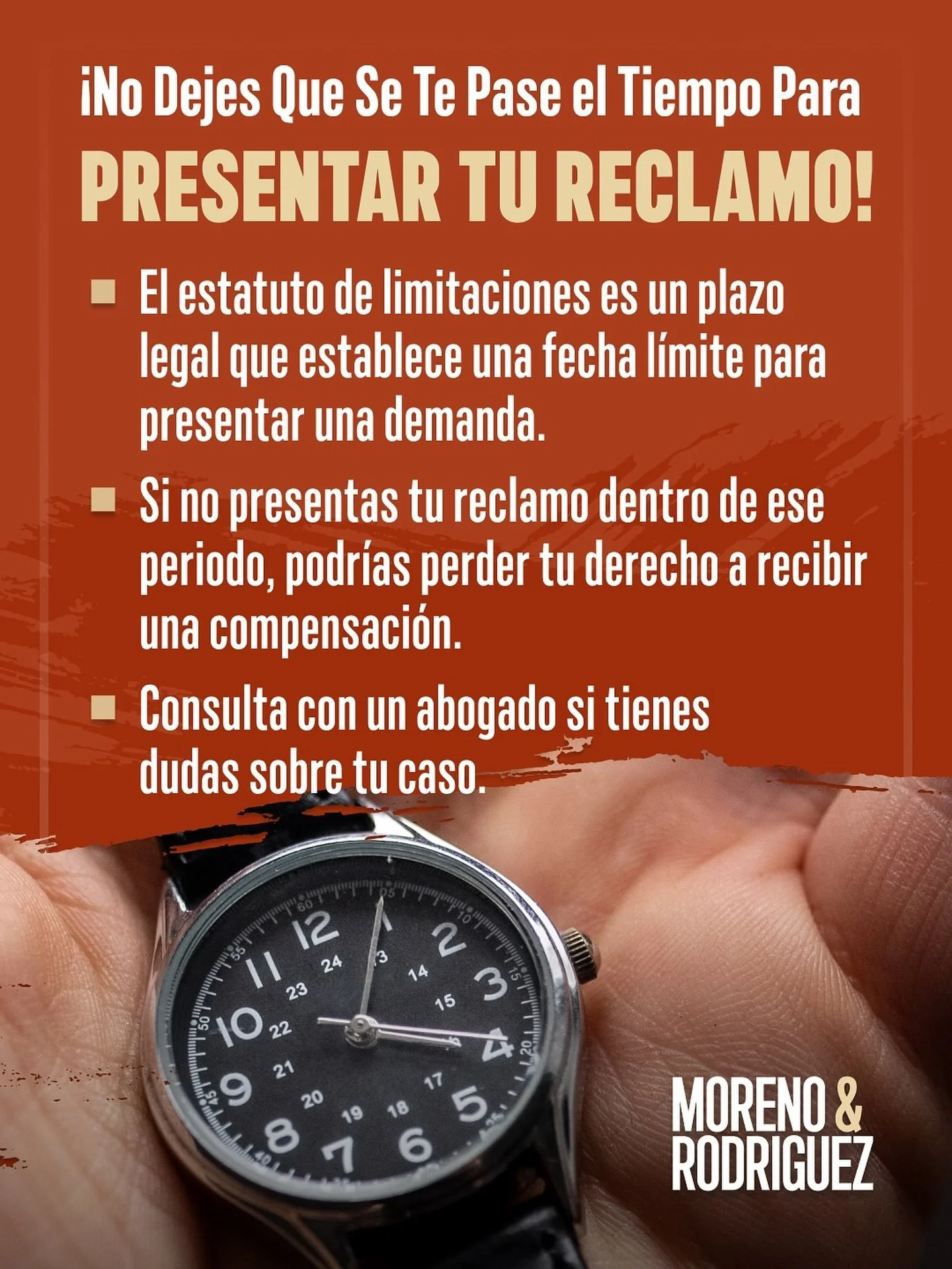⏳ El reloj empieza a correr el d&iacute;a del accidente &mdash; y cuando se acaba el plazo, se acaba.

El estatuto de limitaciones es la fecha l&iacute;mite legal para presentar tu demanda. Si dejas pasar ese periodo, pierdes el derecho a recibir com