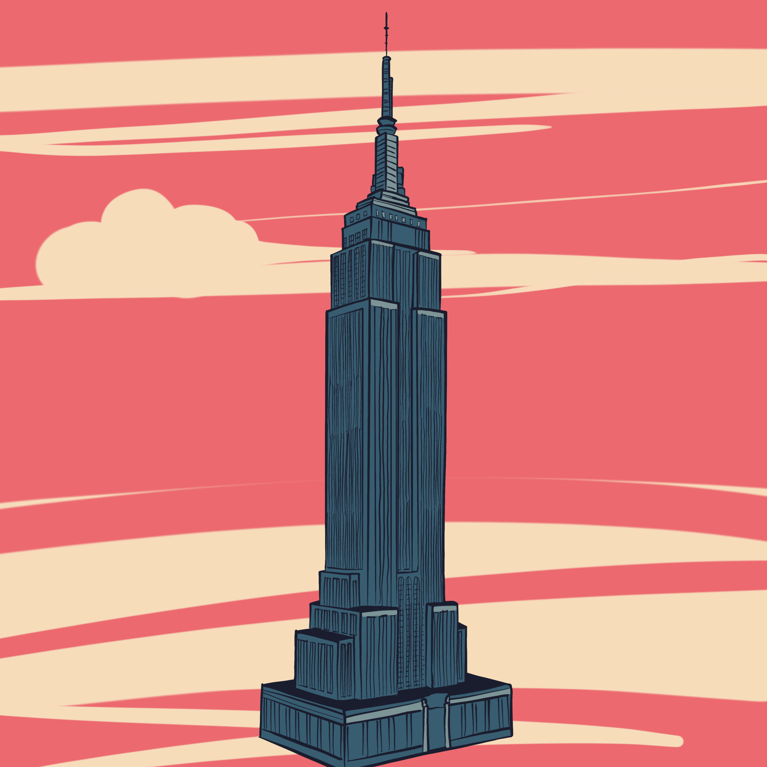Empire State Building illustration in coral and navy, New York City landmark series