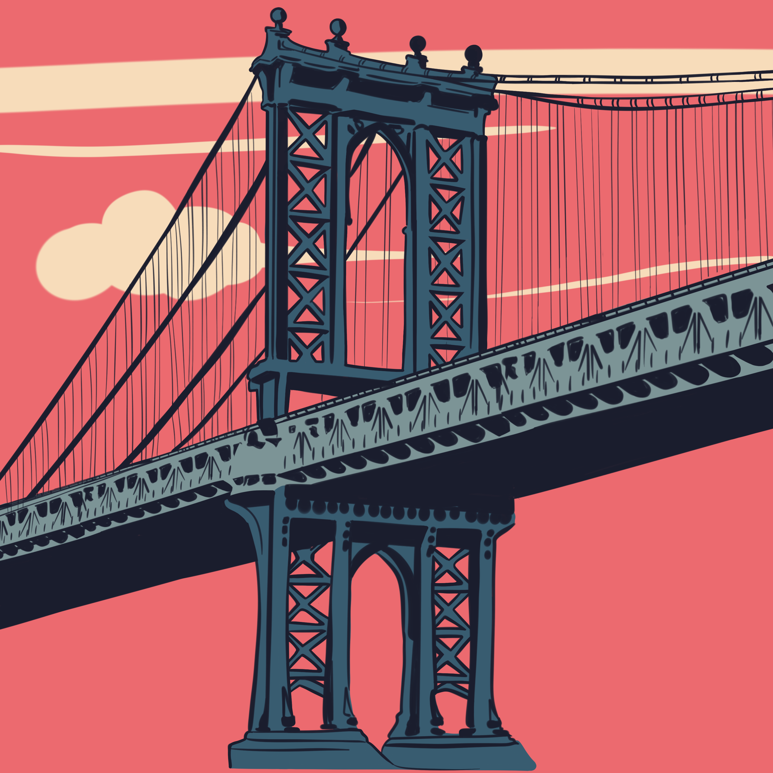 Manhattan Bridge illustration in coral and navy, New York City skyline series