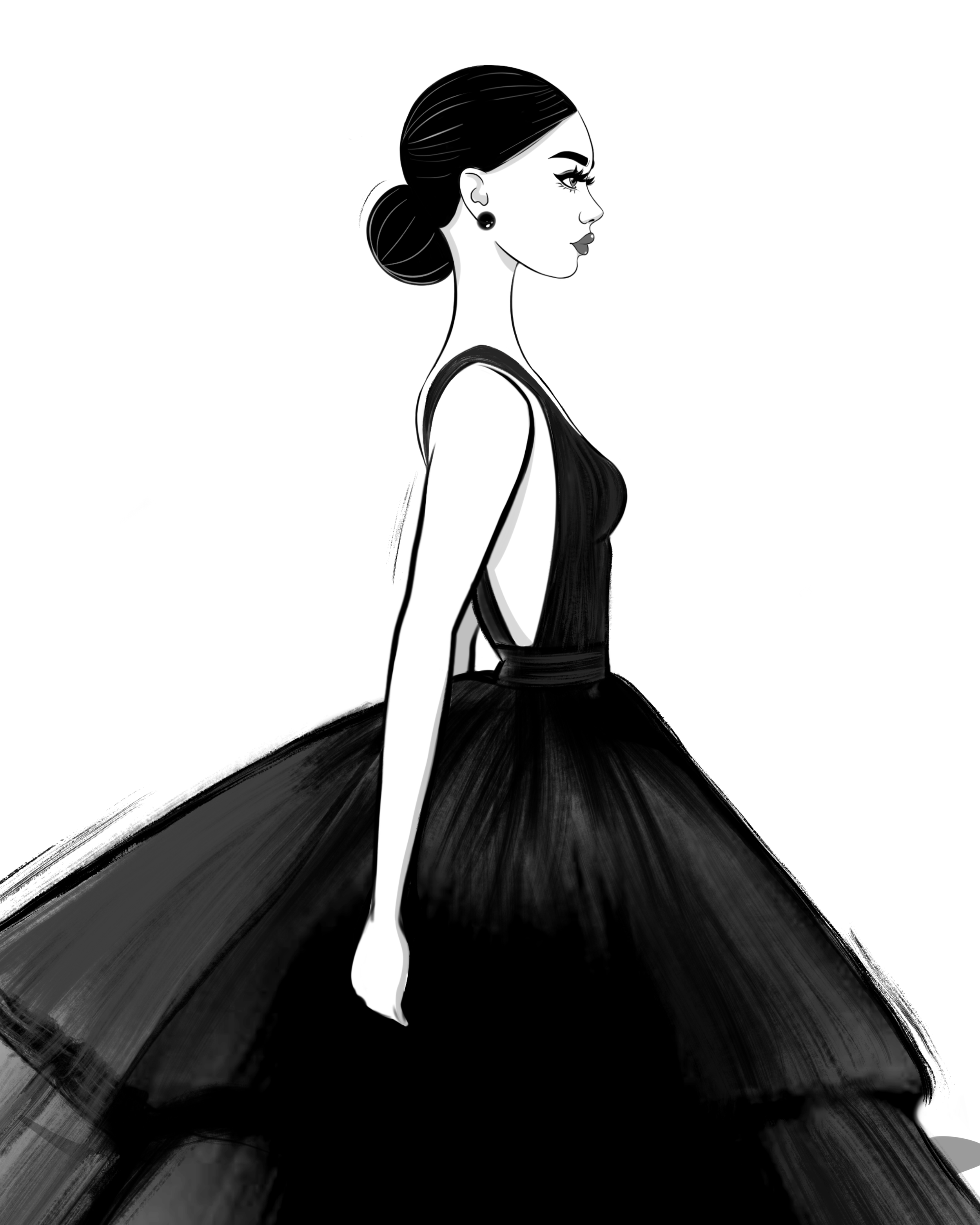 The Tiered Gown
A study in volume and restraint, this original illustration features a multi-tiered black gown with architectural presence and fluid brushwork. The clean silhouette and deep neckline are balanced by soft tulle textures, evoking a quie