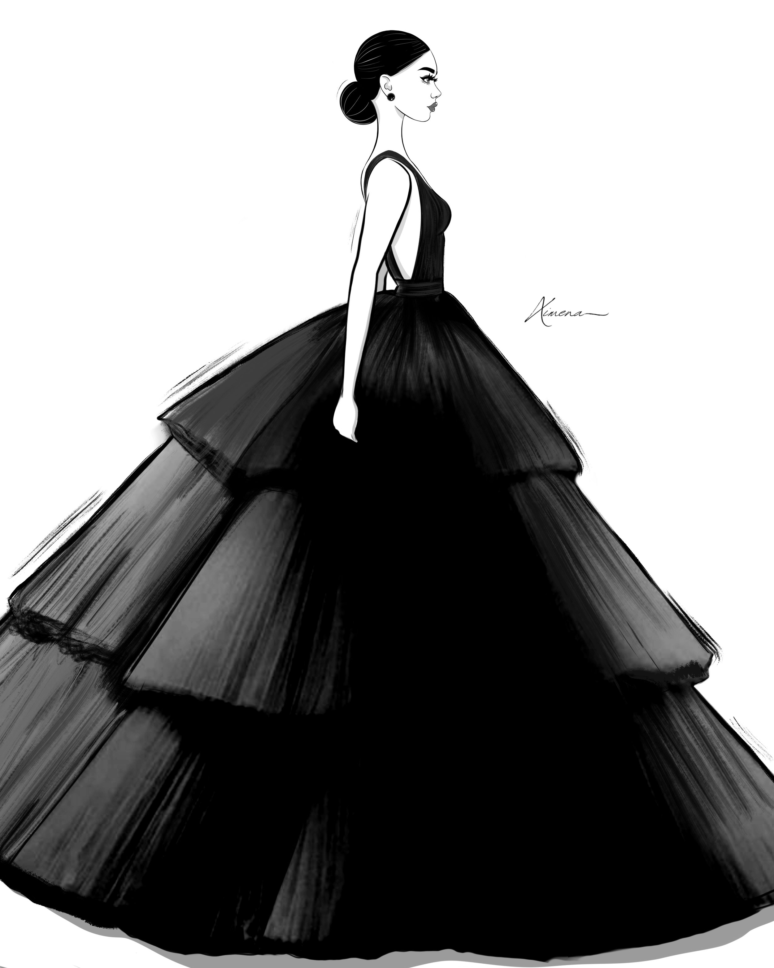 The Tiered Gown
A study in volume and restraint, this original illustration features a multi-tiered black gown with architectural presence and fluid brushwork. The clean silhouette and deep neckline are balanced by soft tulle textures, evoking a quie