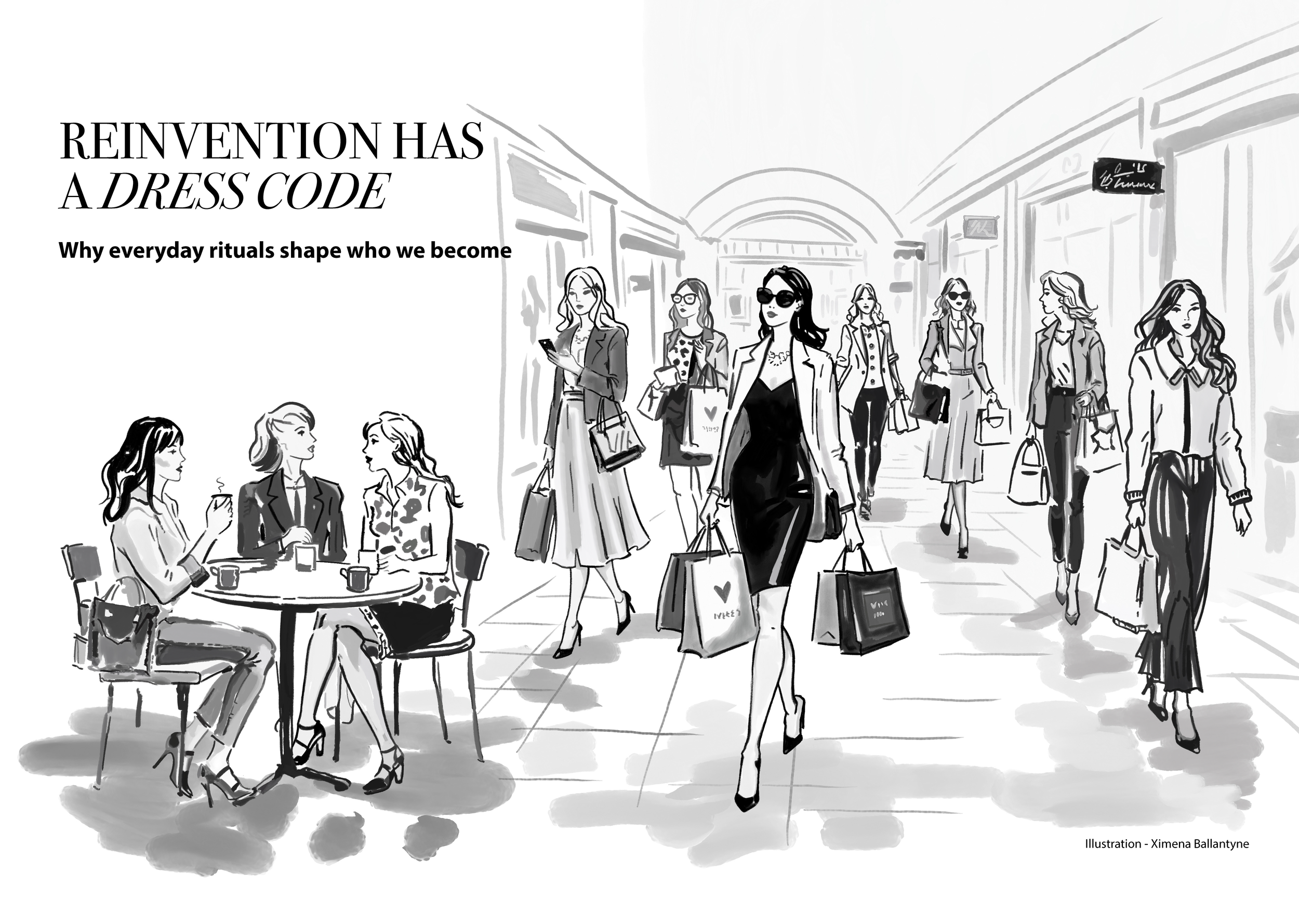 Black-and-white editorial illustration of stylish women shopping in a mall corridor, with a café scene on the left and a central figure walking forward carrying shopping bags.