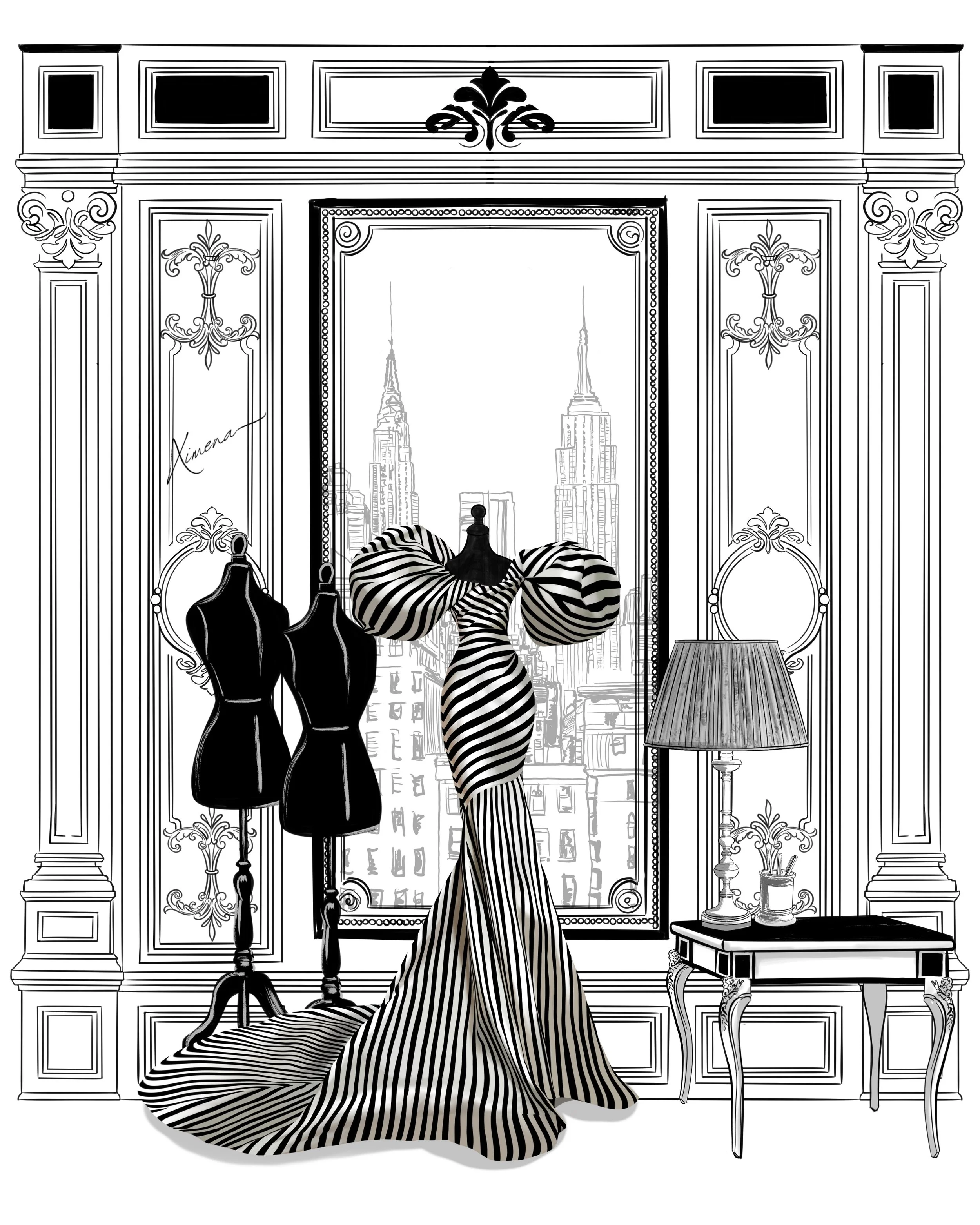 A black and white sketch of a room with ornate moldings, featuring a large window overlooking city skyscrapers. In front of the window, there is a zebra-striped dress on a mannequin, flanked by two smaller mannequins. To the right, there is a table w